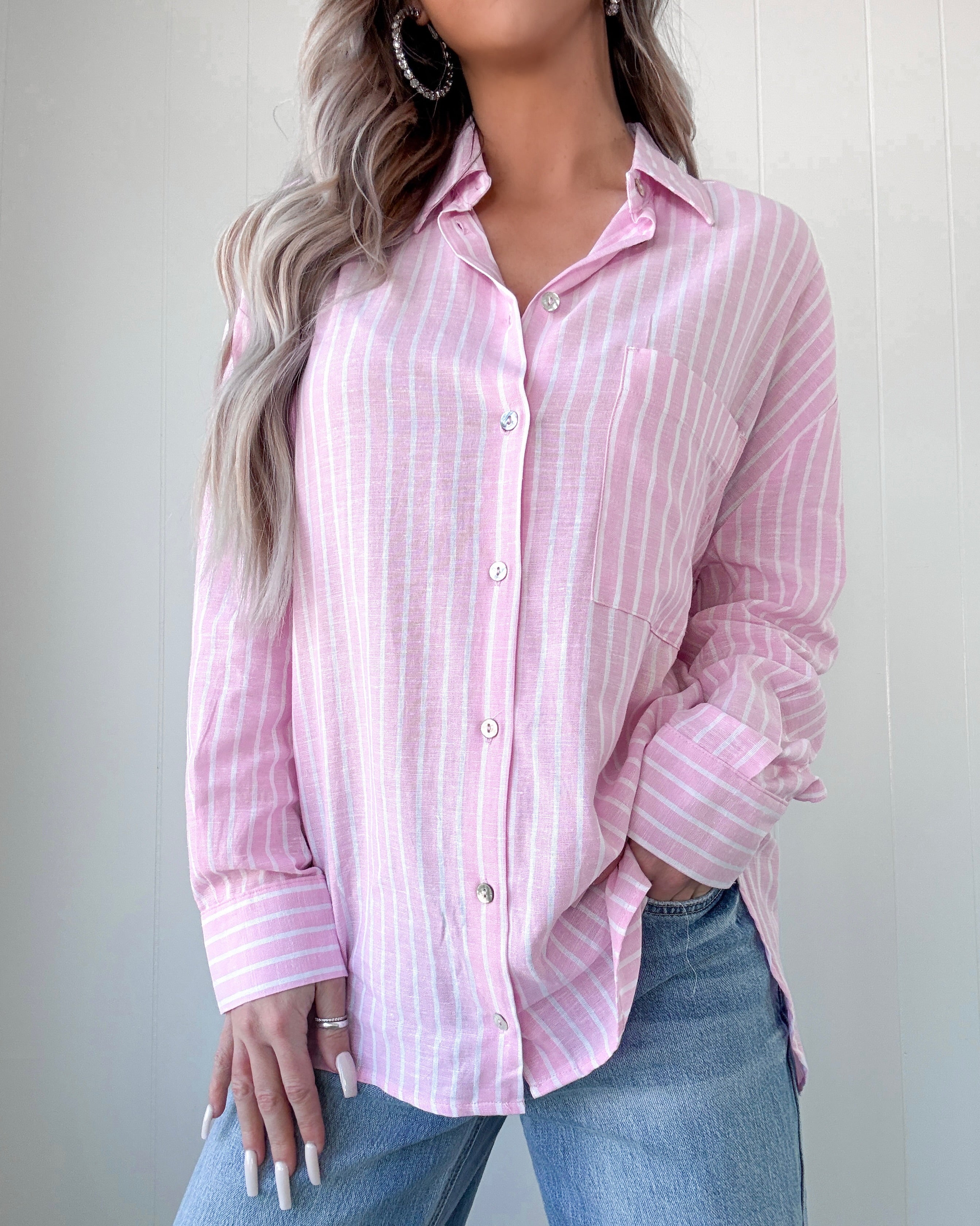 Sunlit Strolls Striped Collared Top - Light Pink