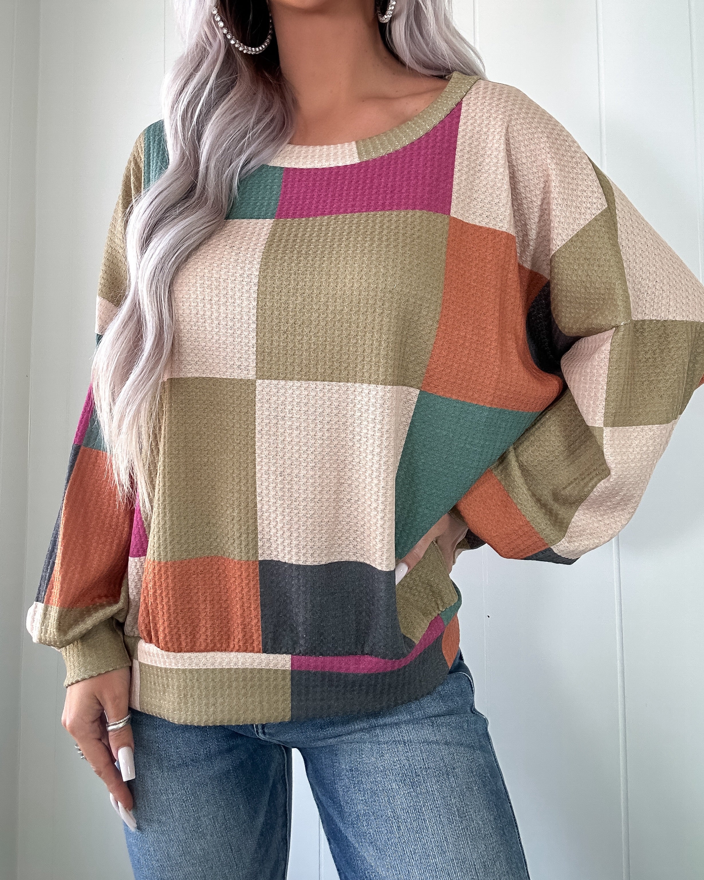 Simply Sweet Checkered Sweatshirt - Olive/Teal