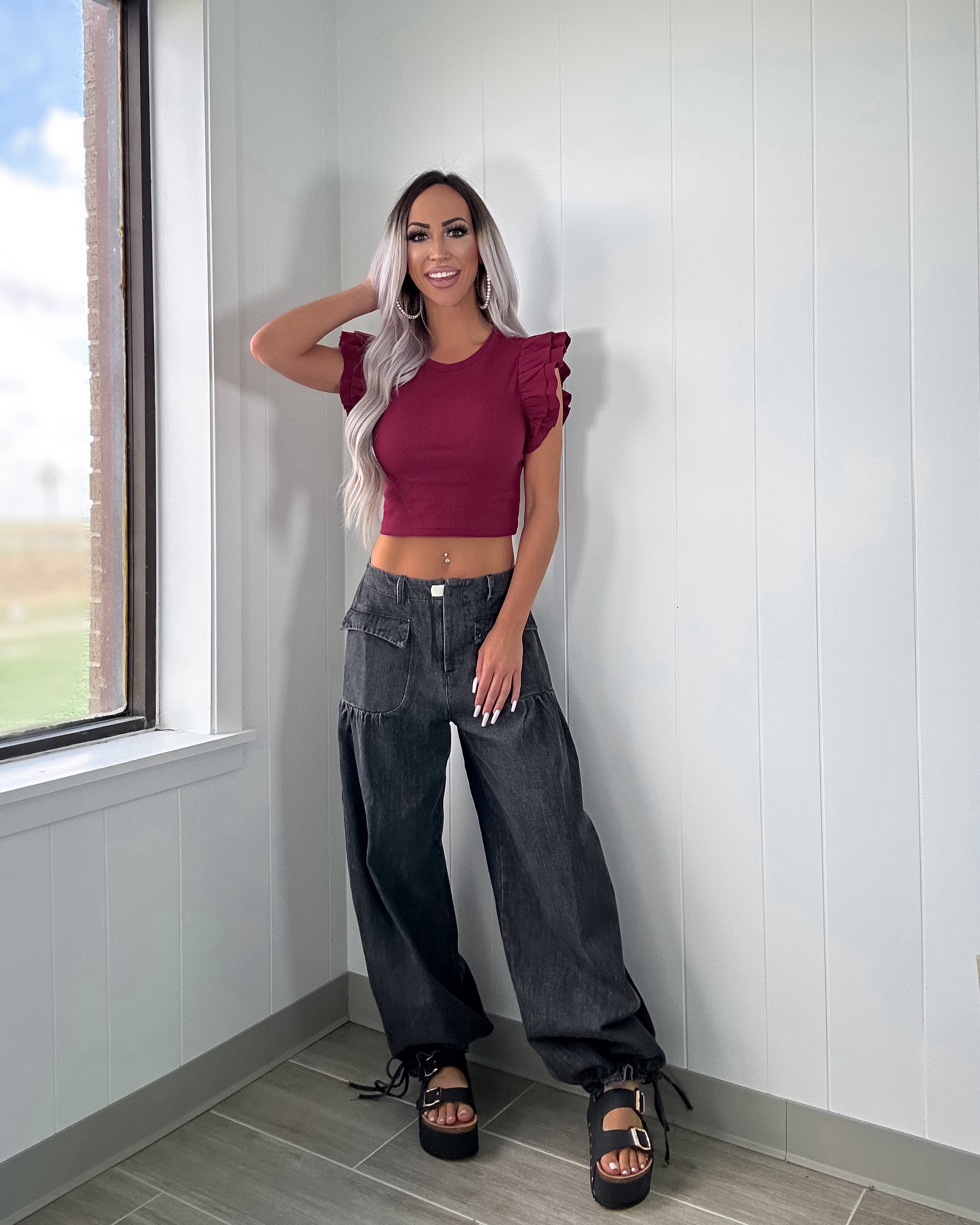 Claim To Love Ribbed Ruffle Sleeve Crop Top - Maroon