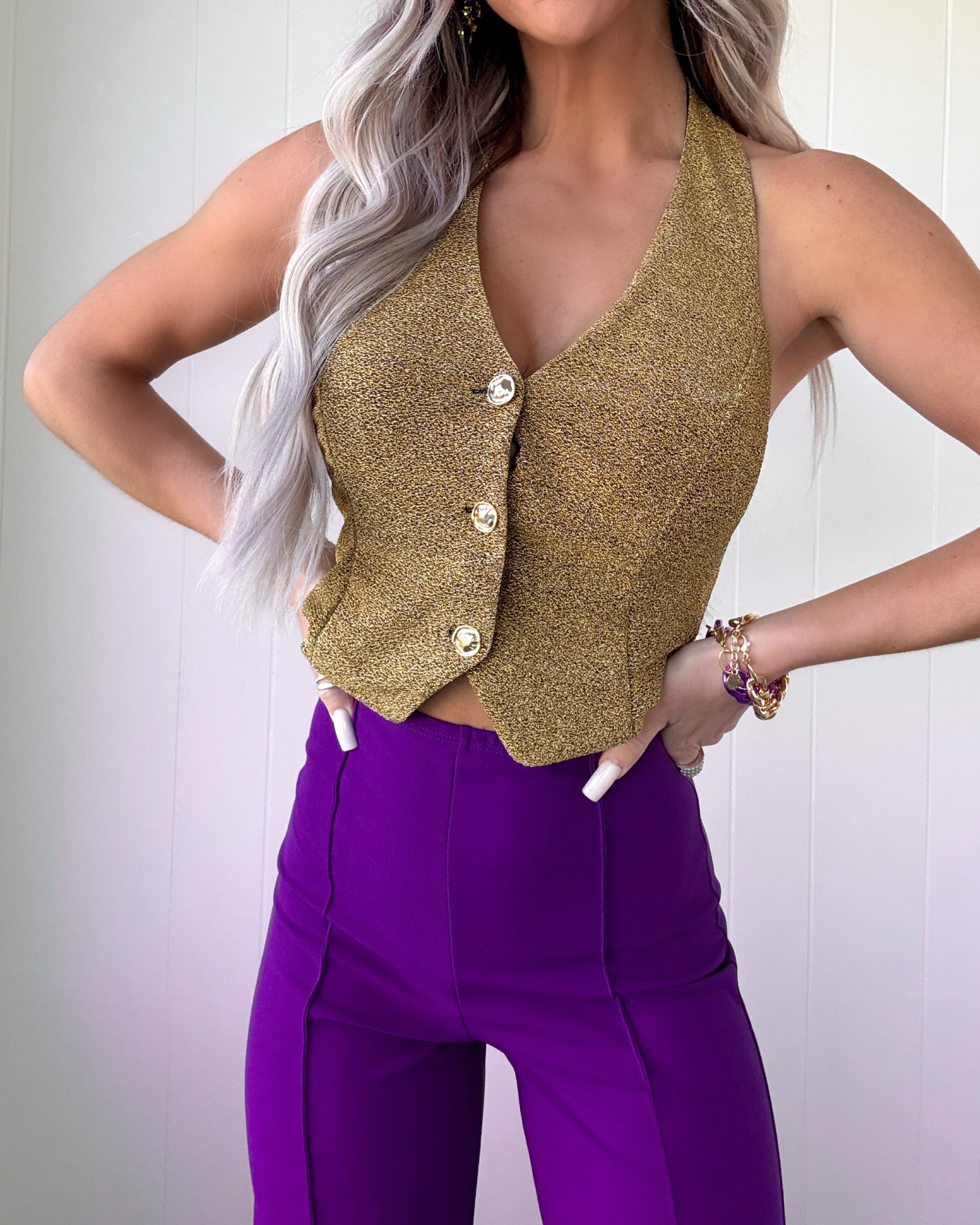 Metallic Shimmer Halter Vest Top - Gold