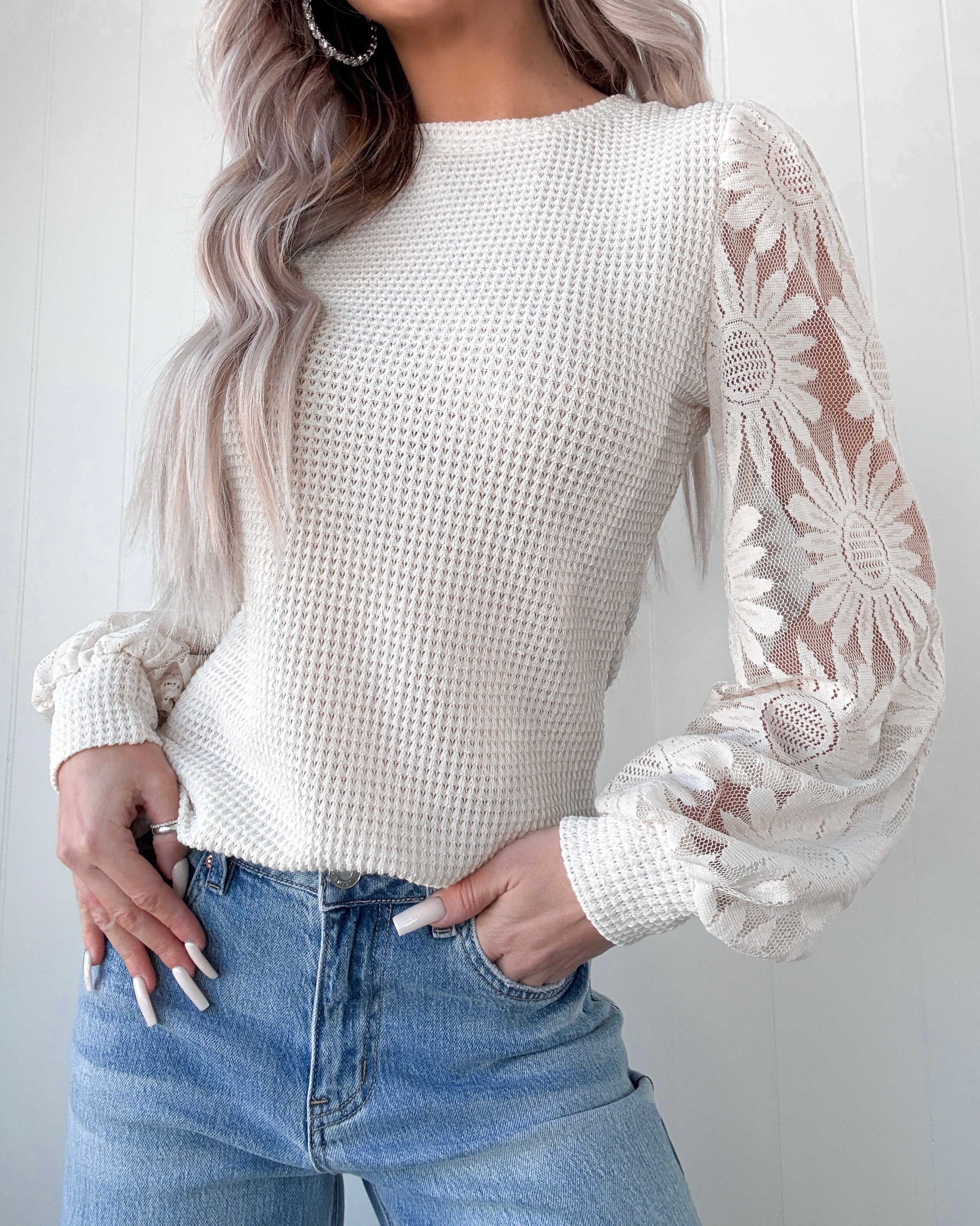 Sunflower Sleeve Waffle Knit Top - Beige