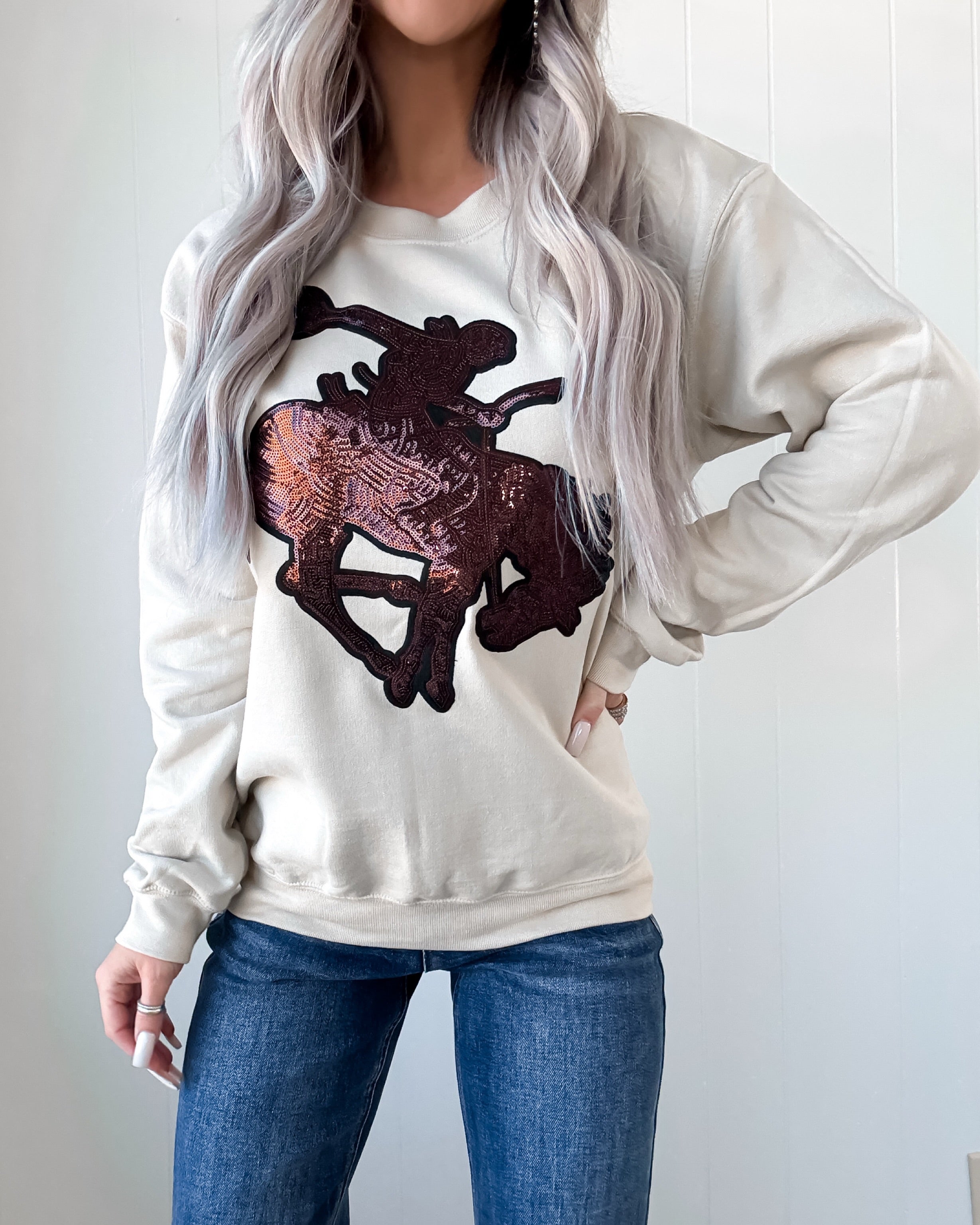 Sequin Rodeo Nights Sweatshirt - Sand