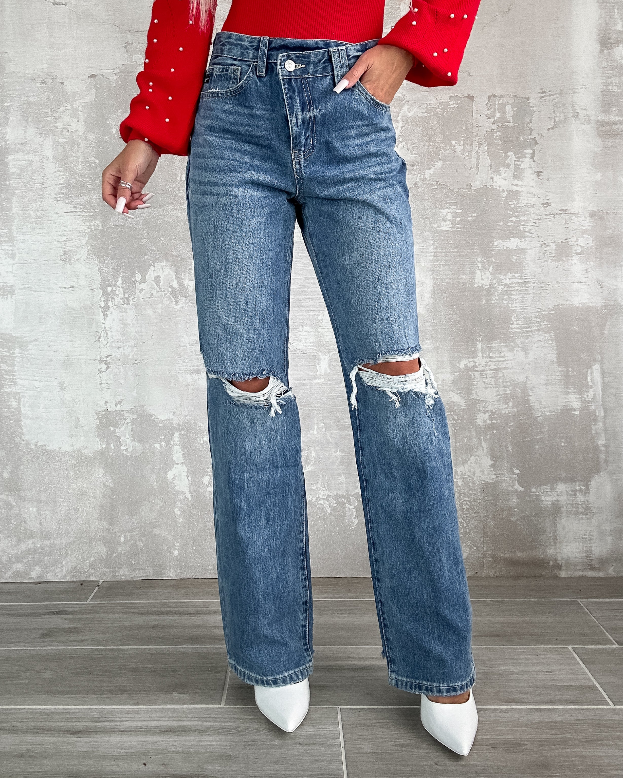 Meadow Criss Cross Straight Leg Jeans - Medium Wash