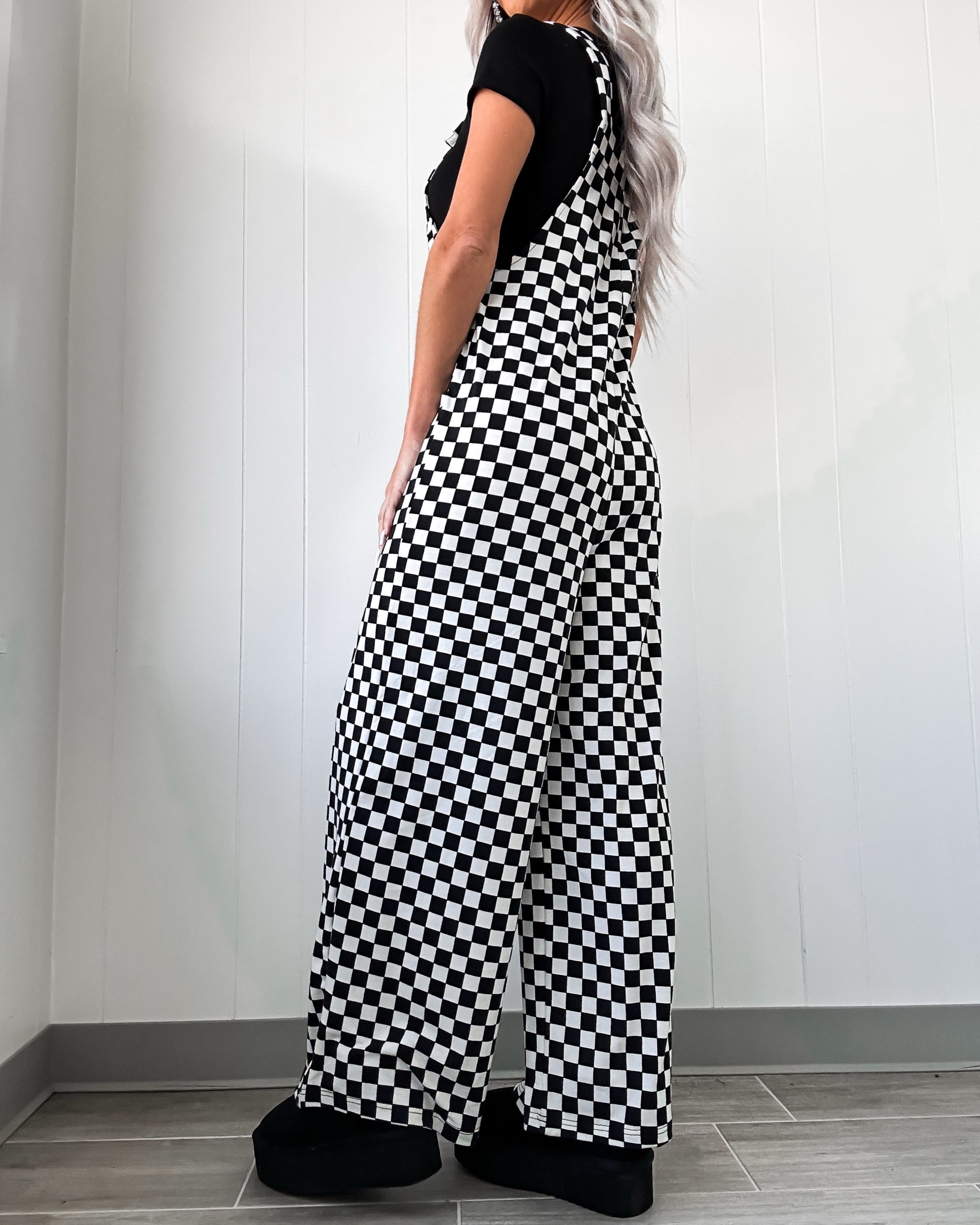 City Rebel Checkered Wide Leg Jumpsuit - Black