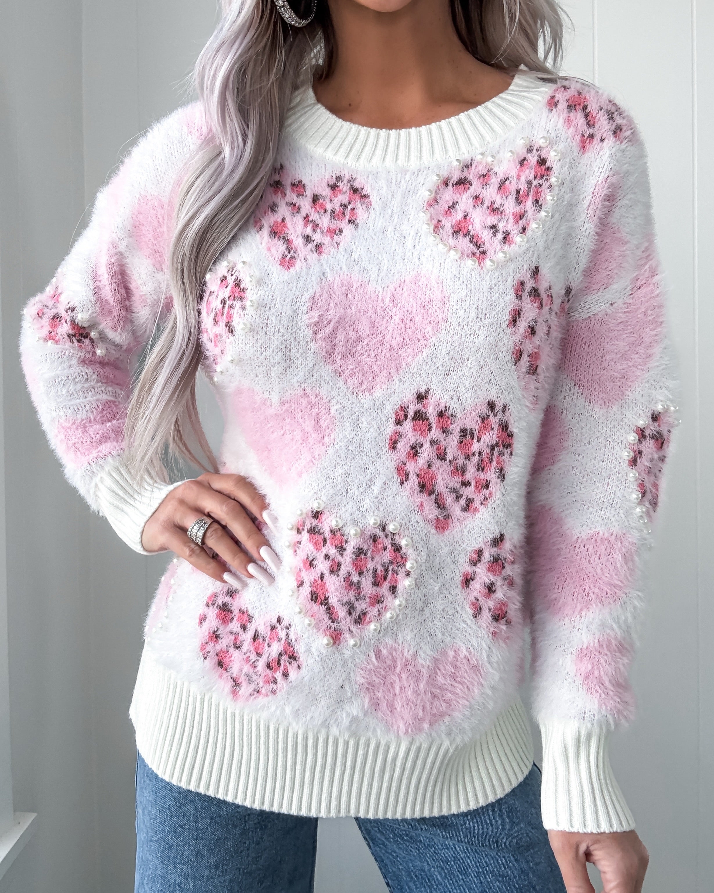 Heartstrings Leopard Pearl Fuzzy Sweater - Pink