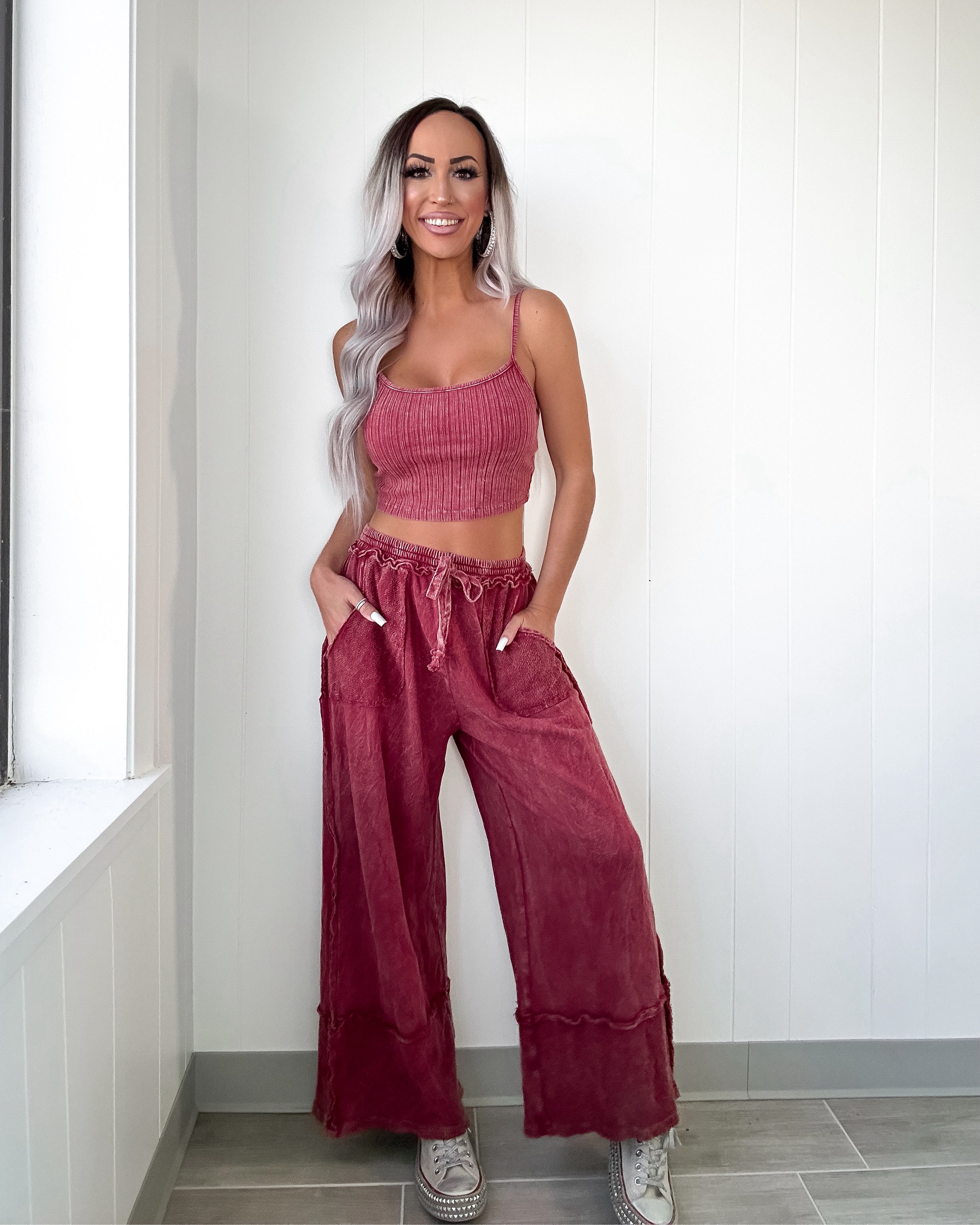 Up Next Raw Hem Wide Leg Pants - Burgundy