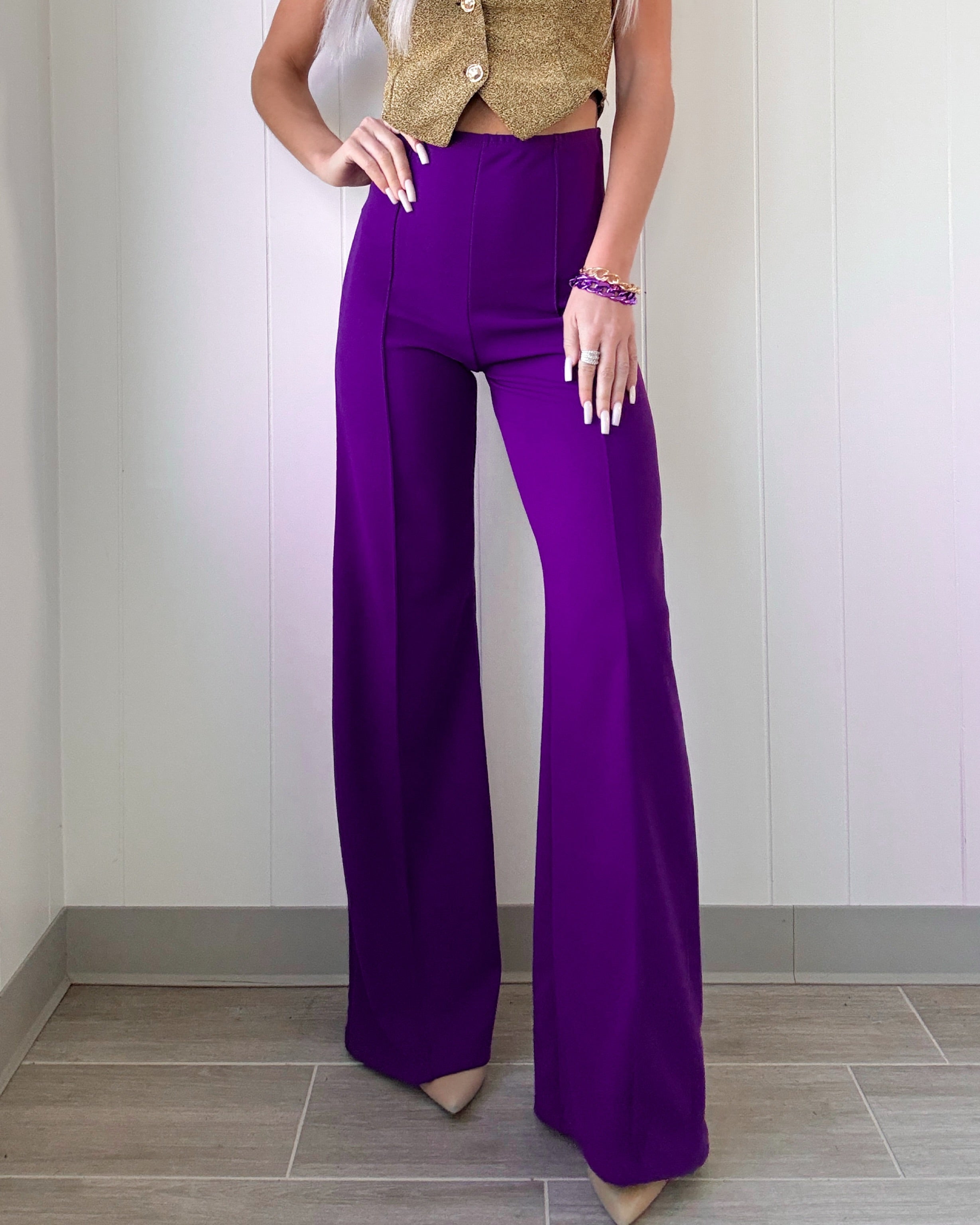 Pleated Flare Pants - Purple