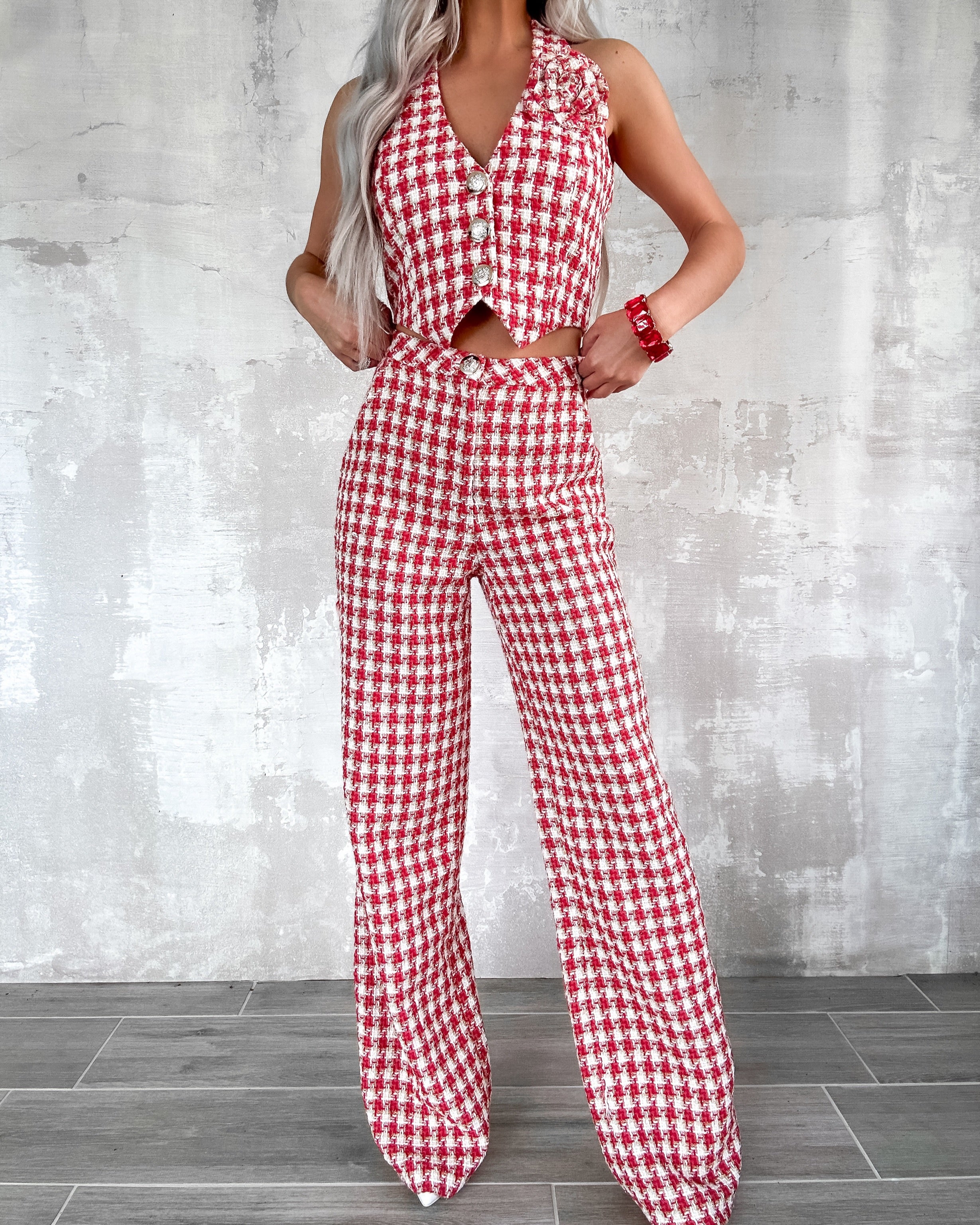 Enchanted Houndstooth Tweed Vest Set - Red