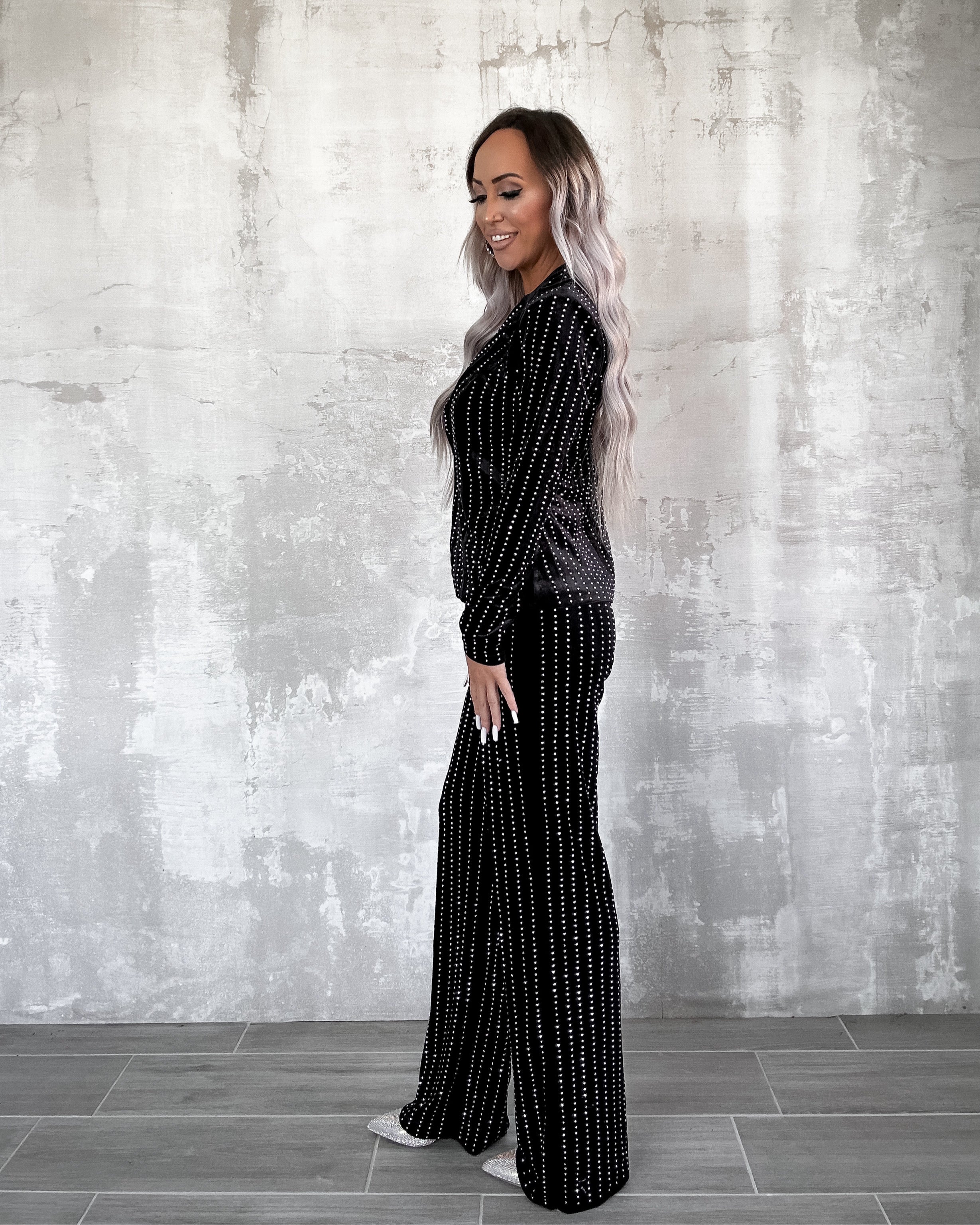 Studded Goddess Striped Velvet Pant Suit - Black