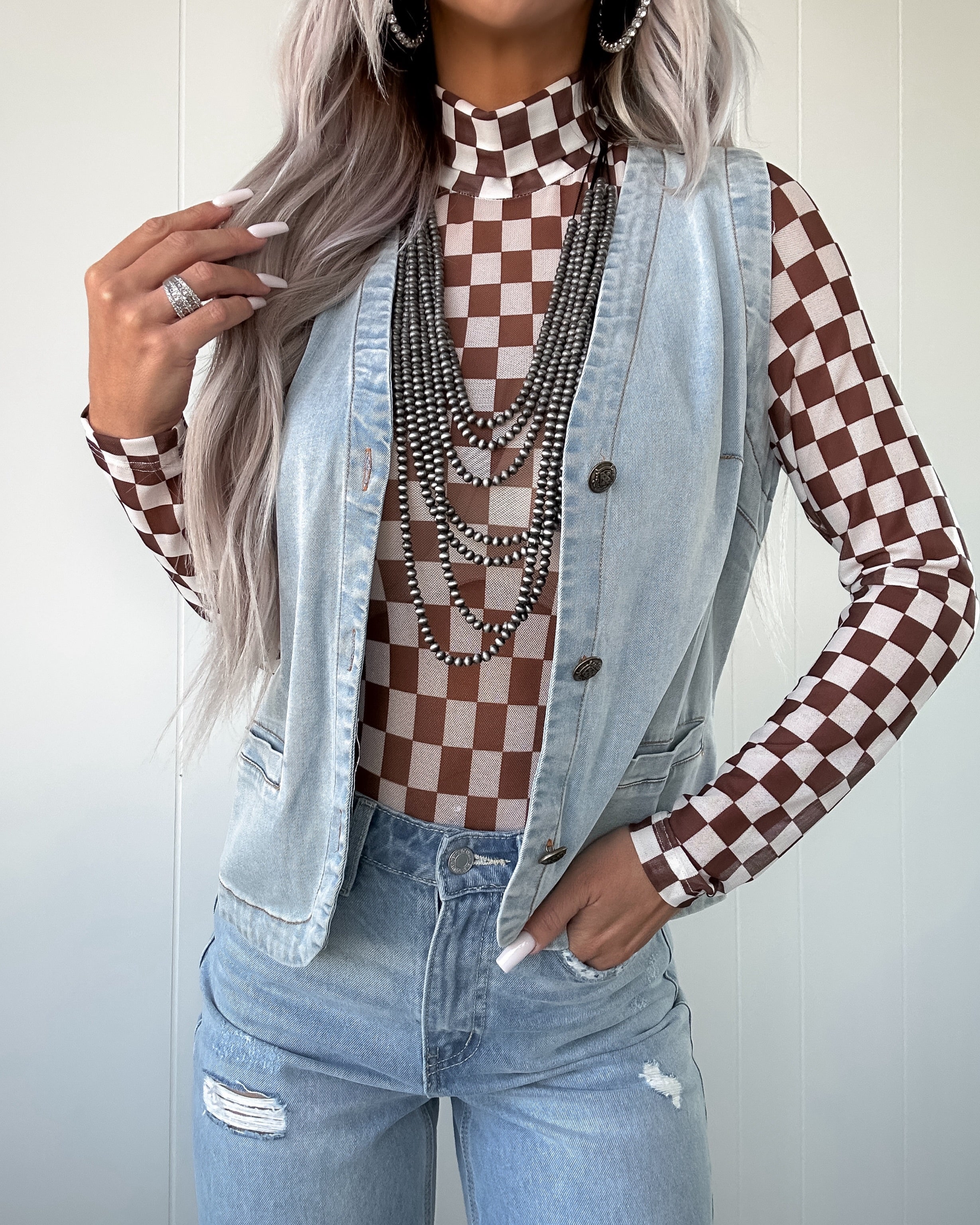 Willow Checkered Mesh Bodysuit - Brown