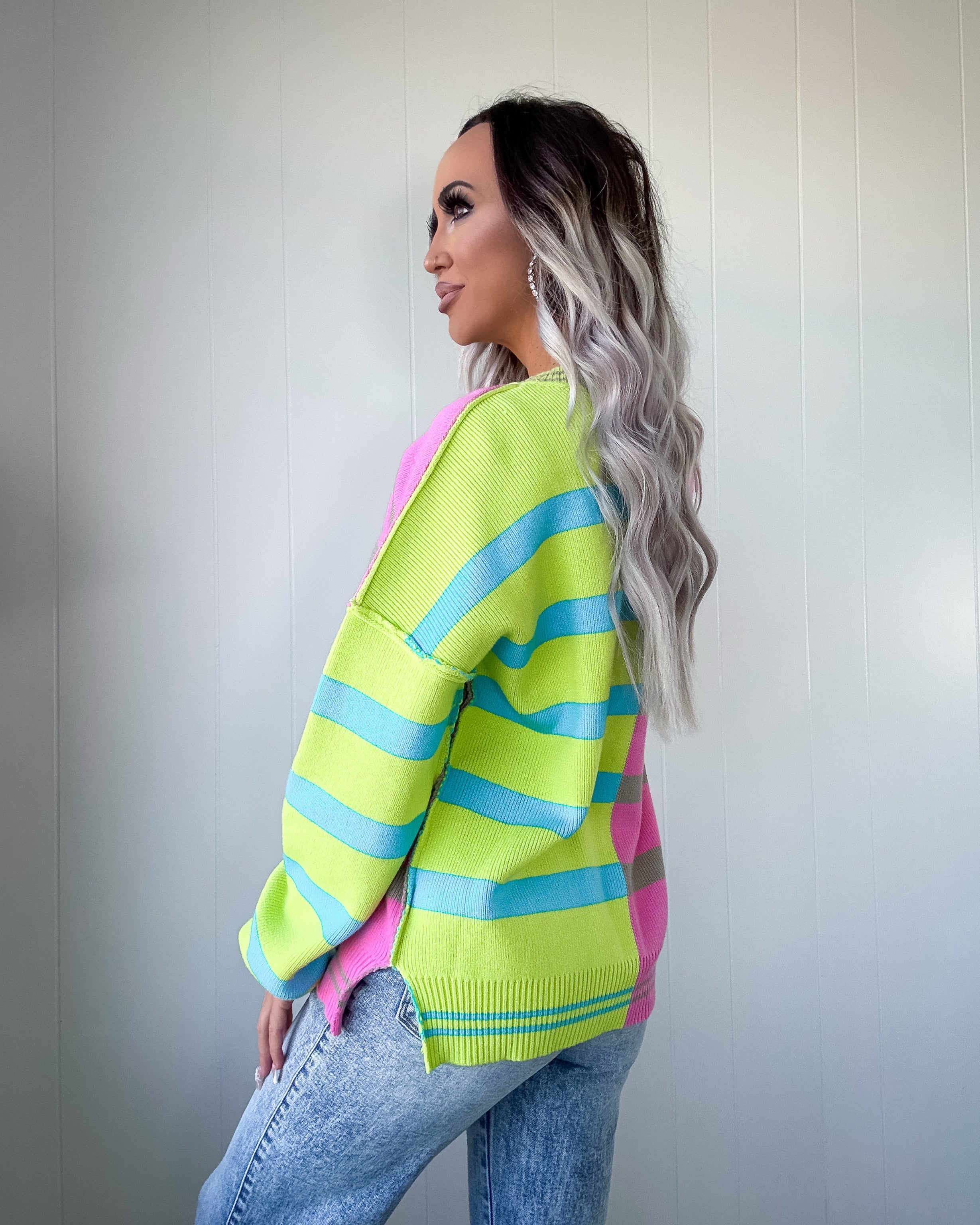 Gilded Horizon Colorblock Striped Sweater - Lime