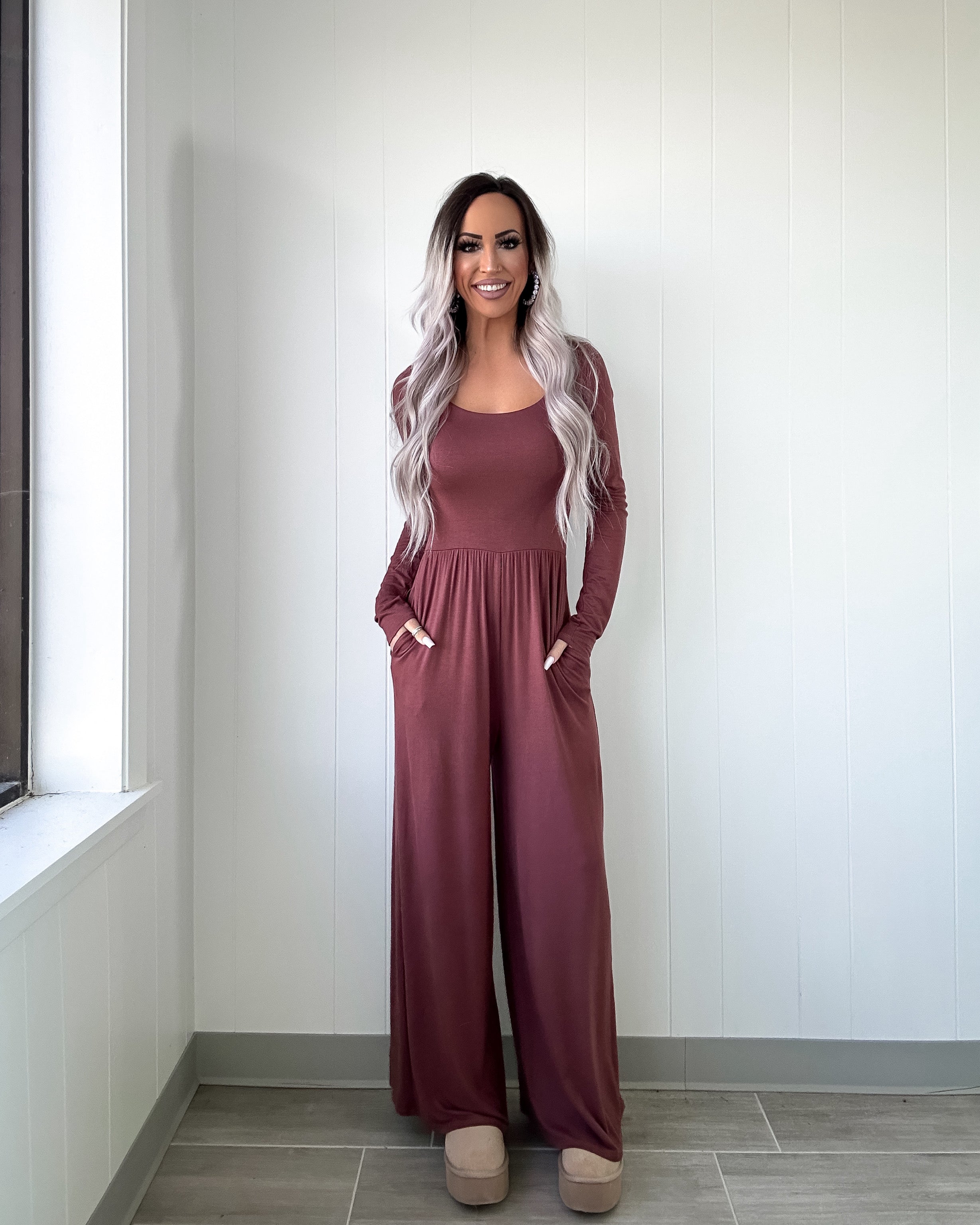 Take Control Wide Leg Jumpsuit - Red Brown