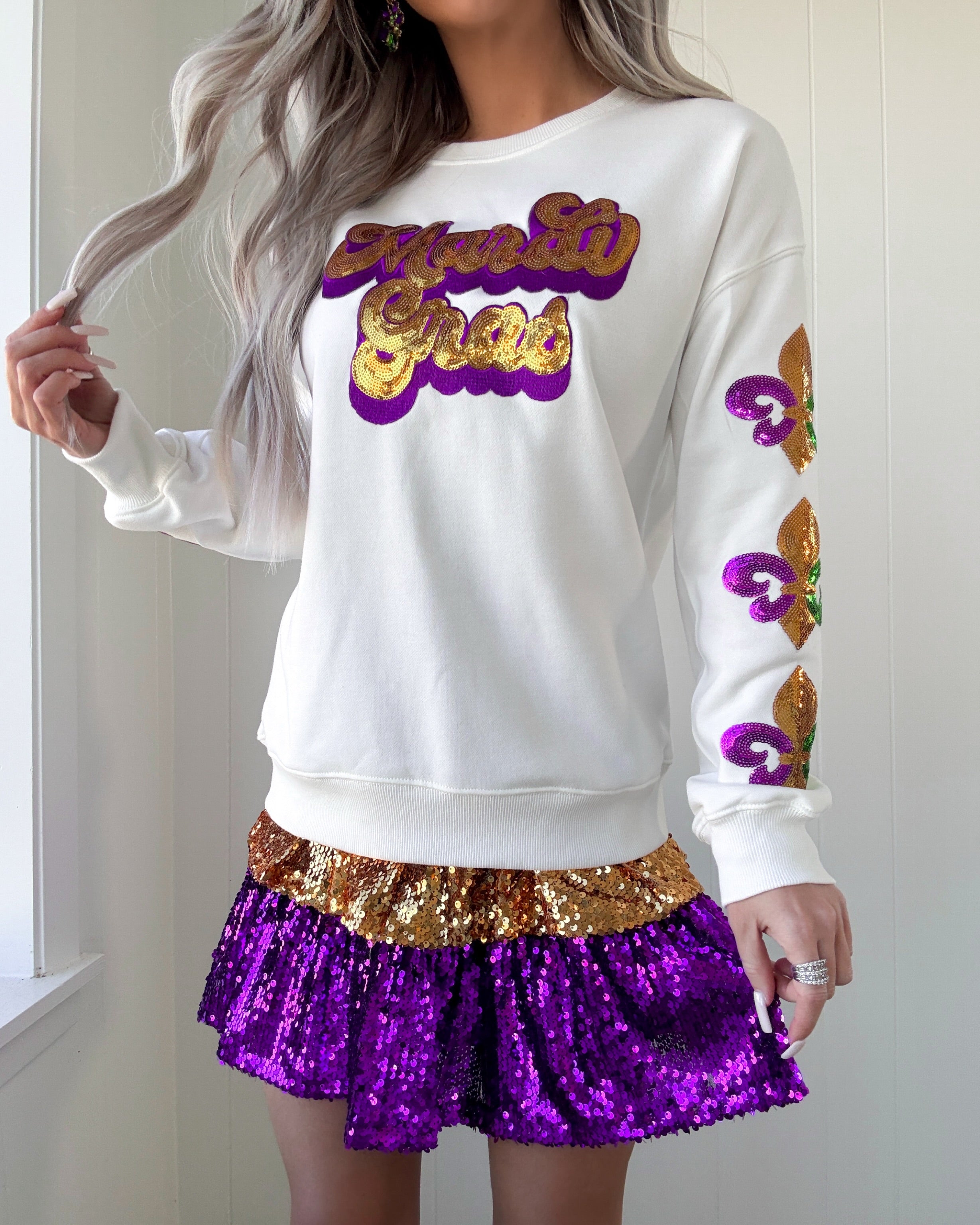 Mardi Gras Sequin Top - White