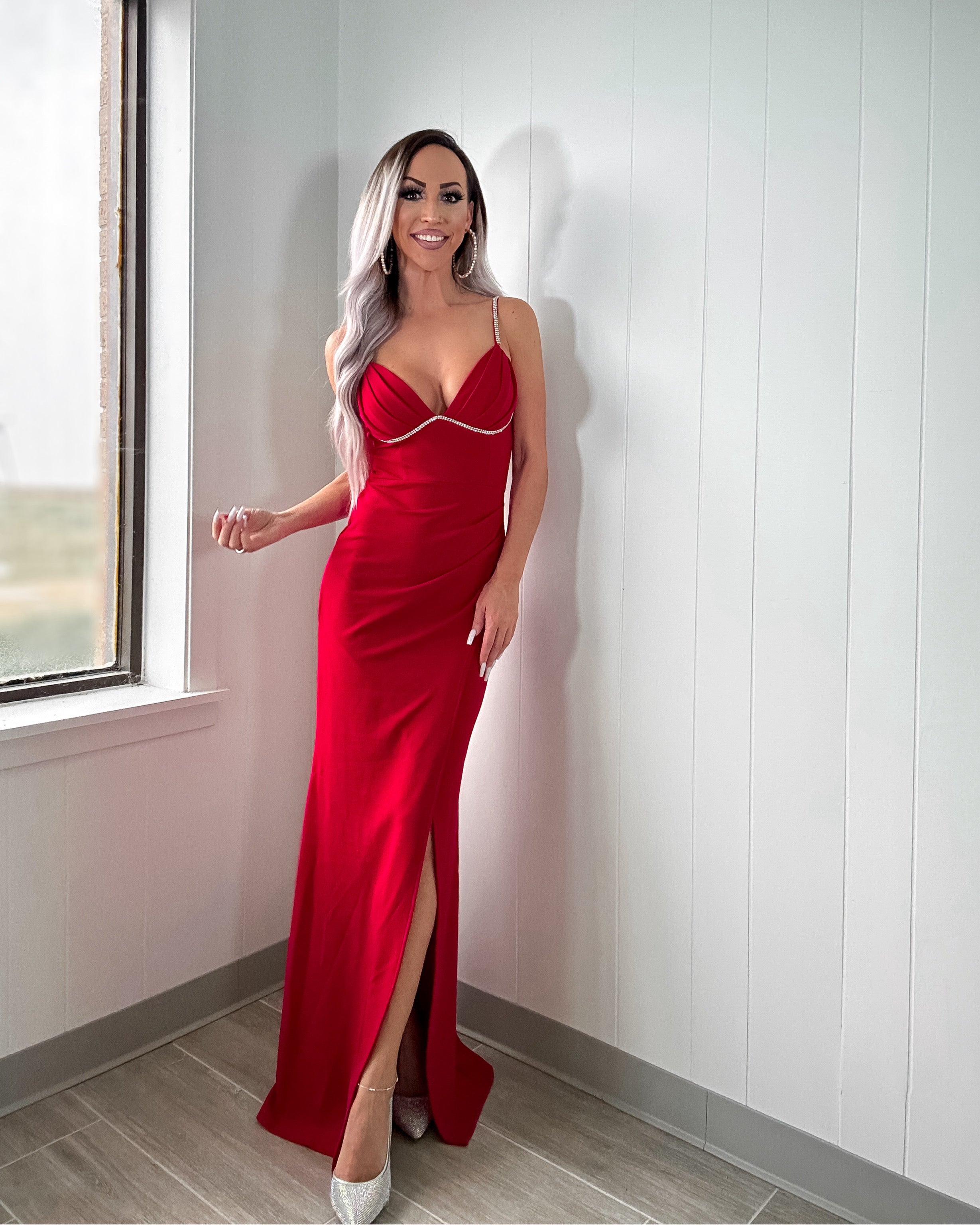 Radiant Rogue Slit Maxi Dress - Red