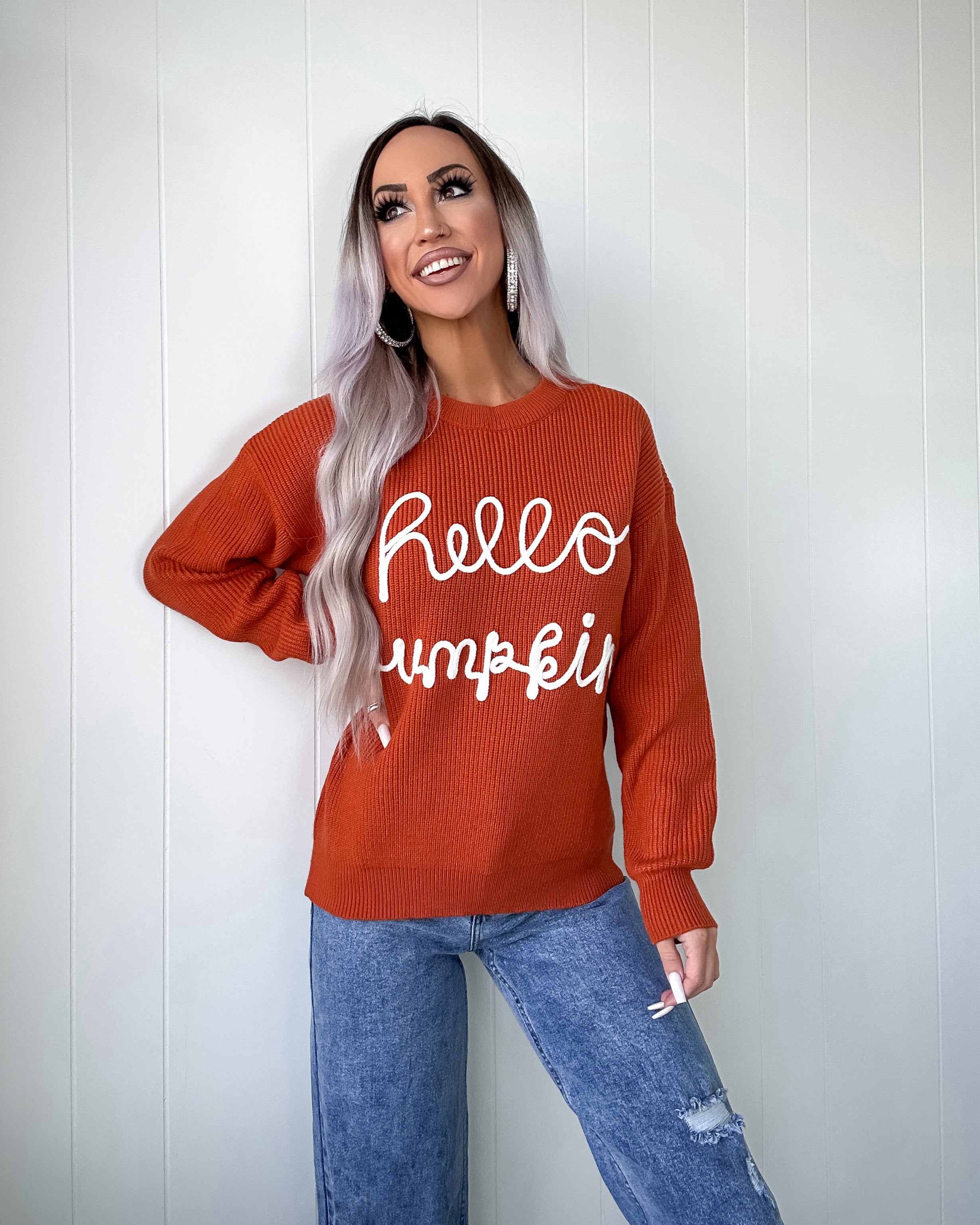 Hello Pumpkin Graphic Sweater - Rust