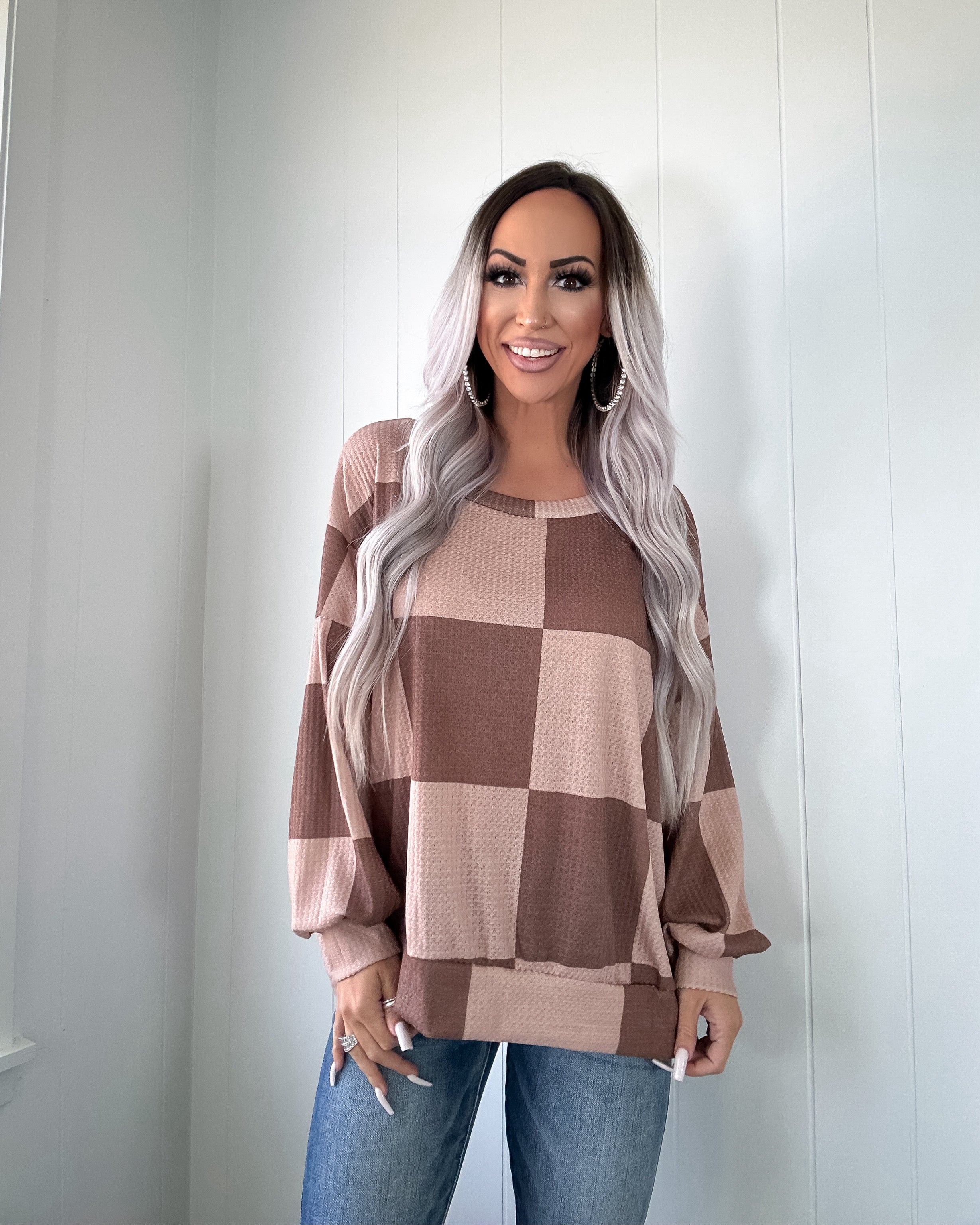 Latte Run Checkered Sweatshirt - Mocha