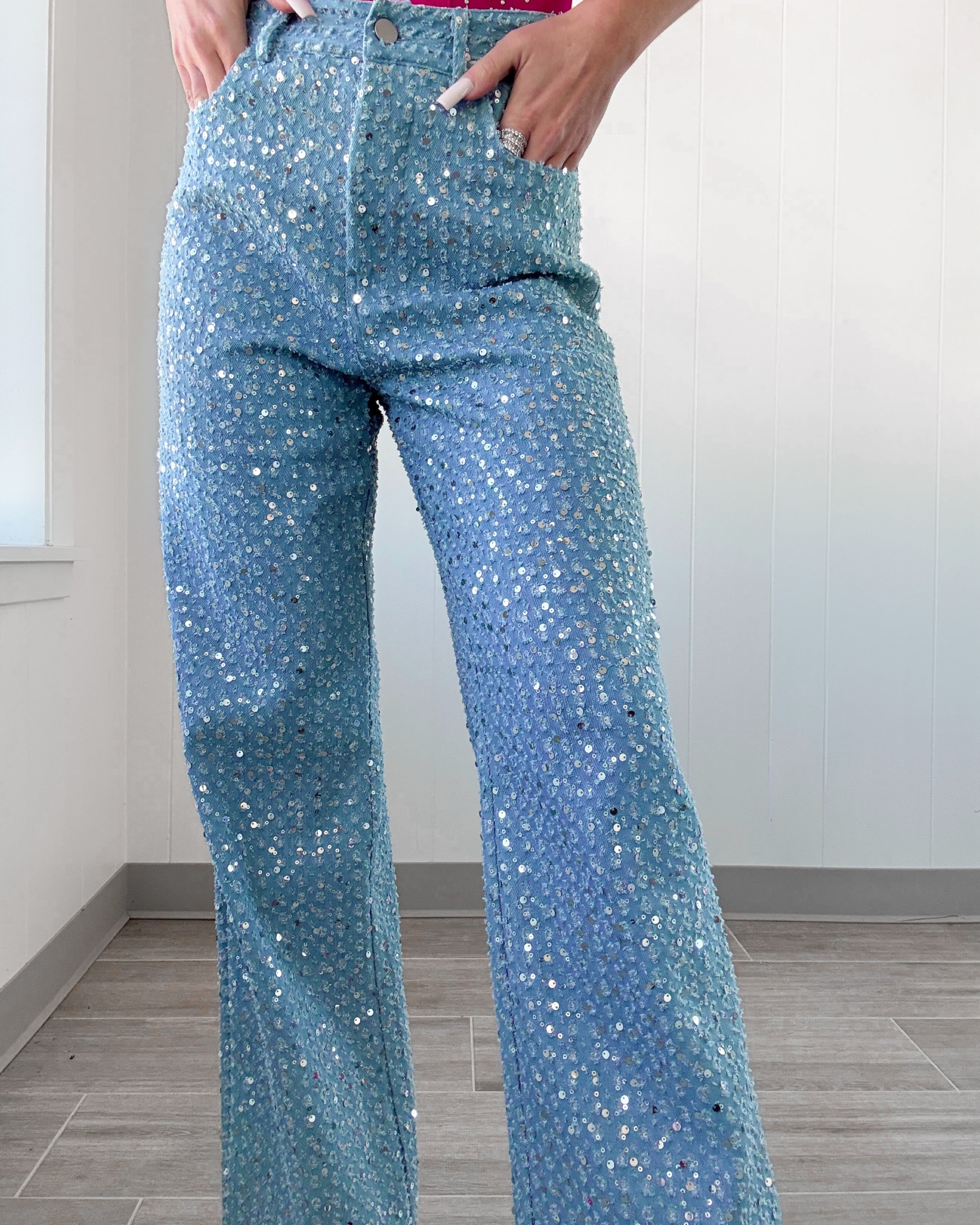 Illuminated Edge Sequin Jeans - Light Wash