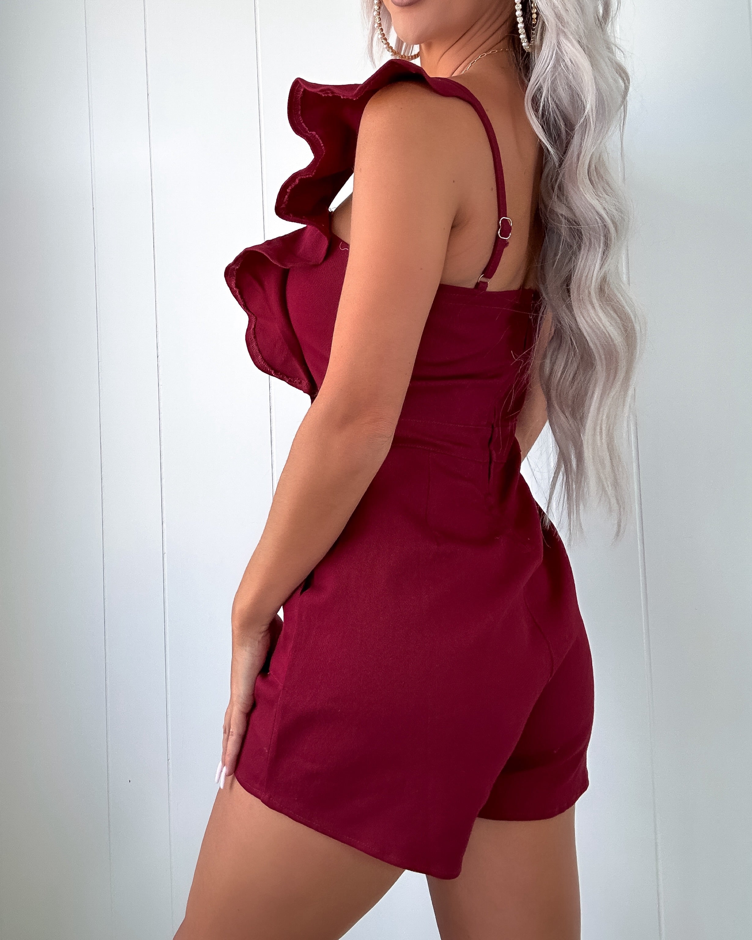 Finest Perfection Denim Ruffle Romper - Maroon