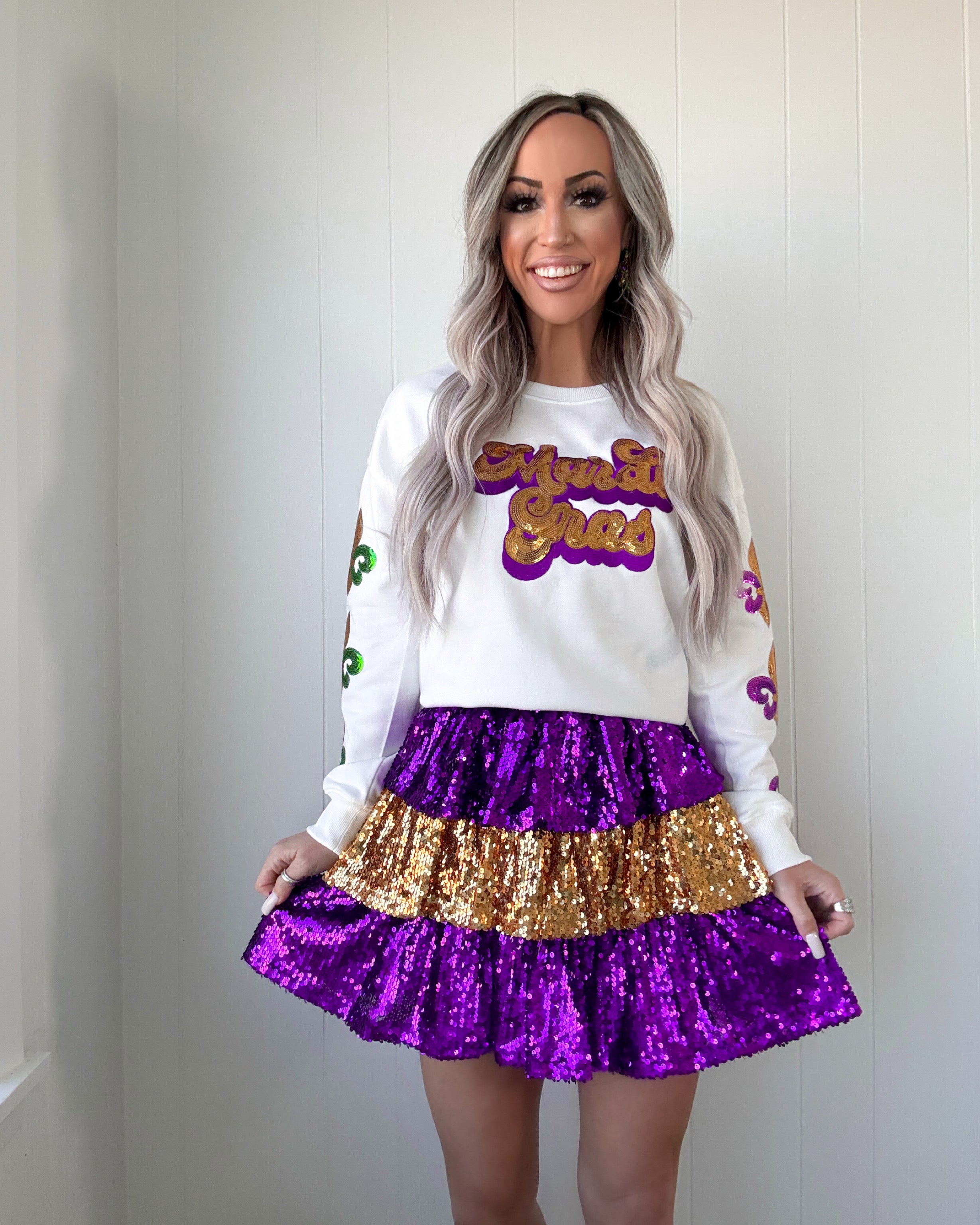 Mardi Gras Sequin Top - White