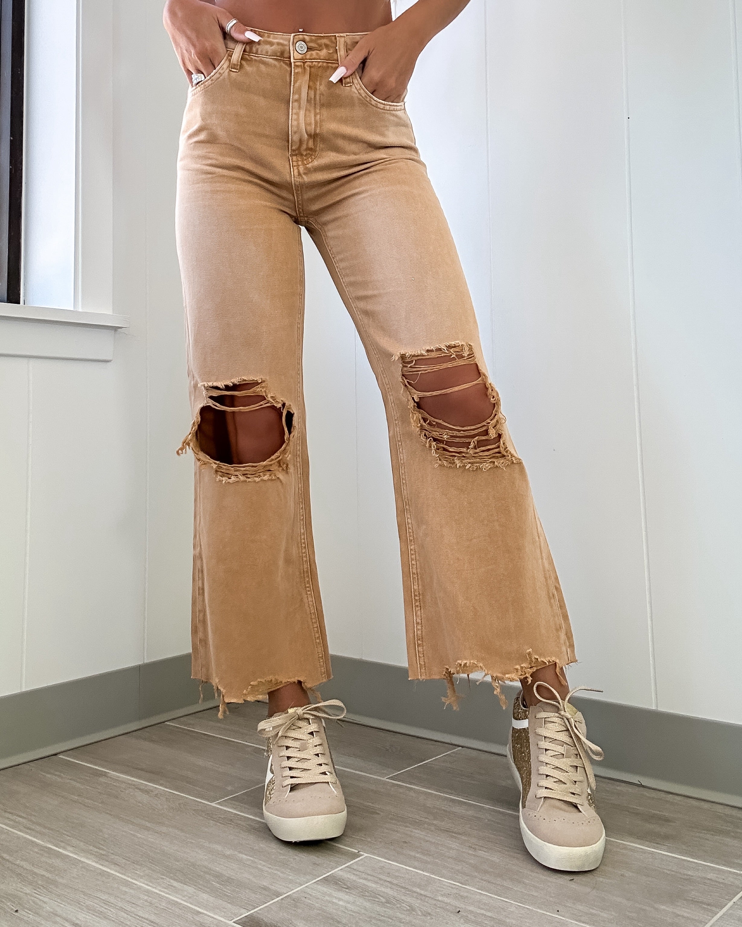 Brylee Distressed Crop Jeans - Sand