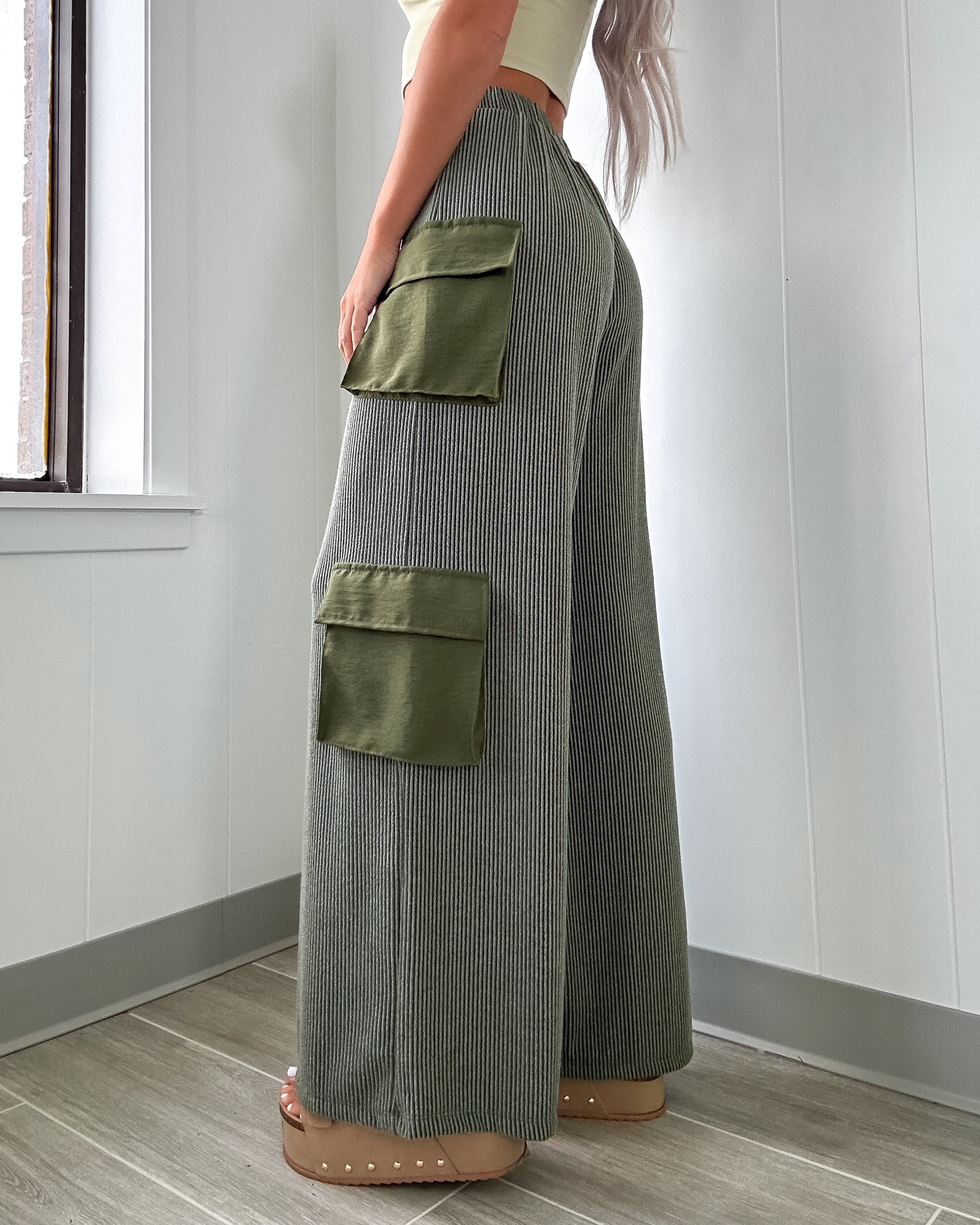 Kalani Cargo Ribbed Wide Leg Pants - Olive