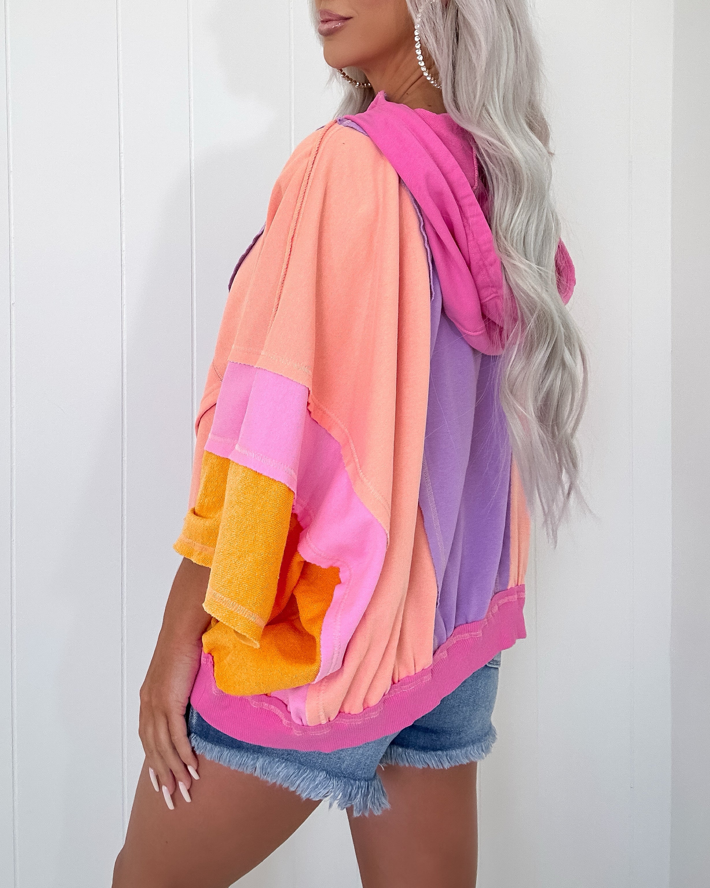 Good Life Colorblock Short Sleeve Hoodie - Lavender/Peach