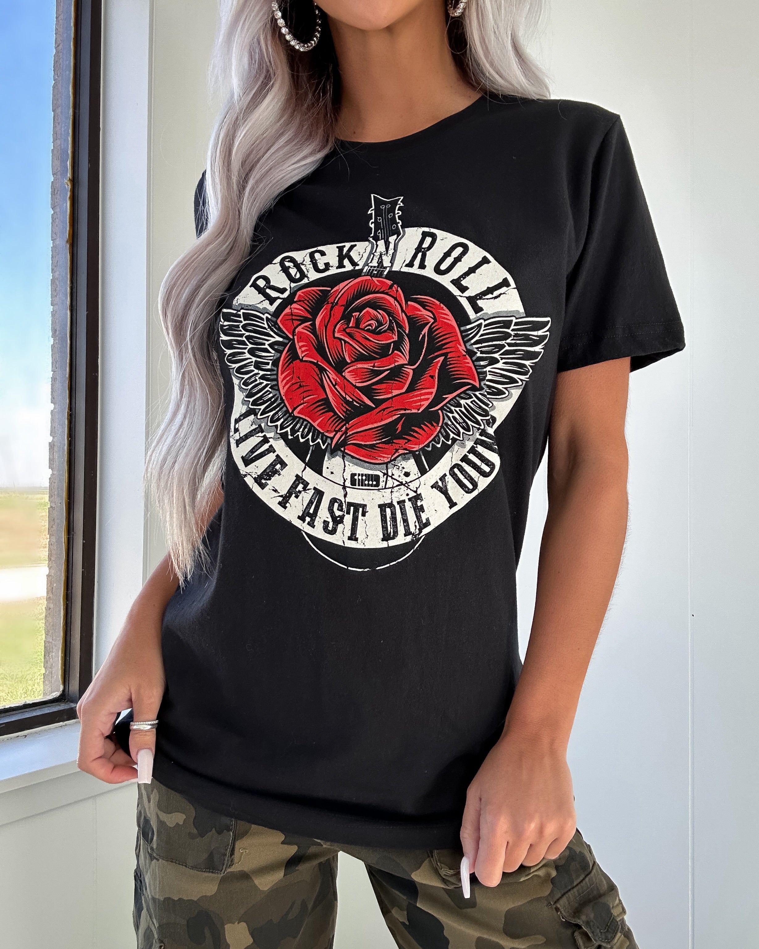 Rock N Roll Rose Guitar Tee - Black