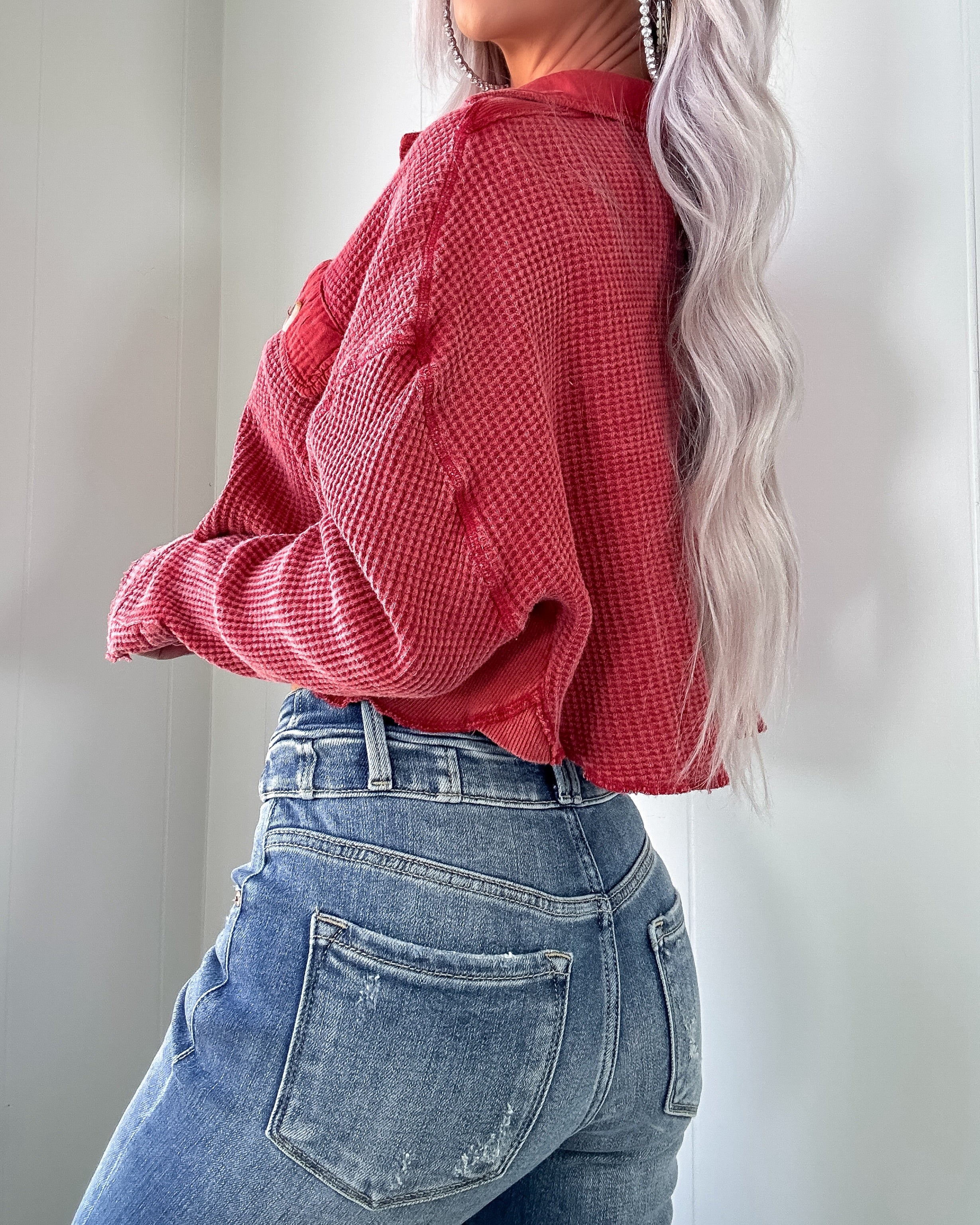 Catching Fall Button Down Waffle Crop Top - Red