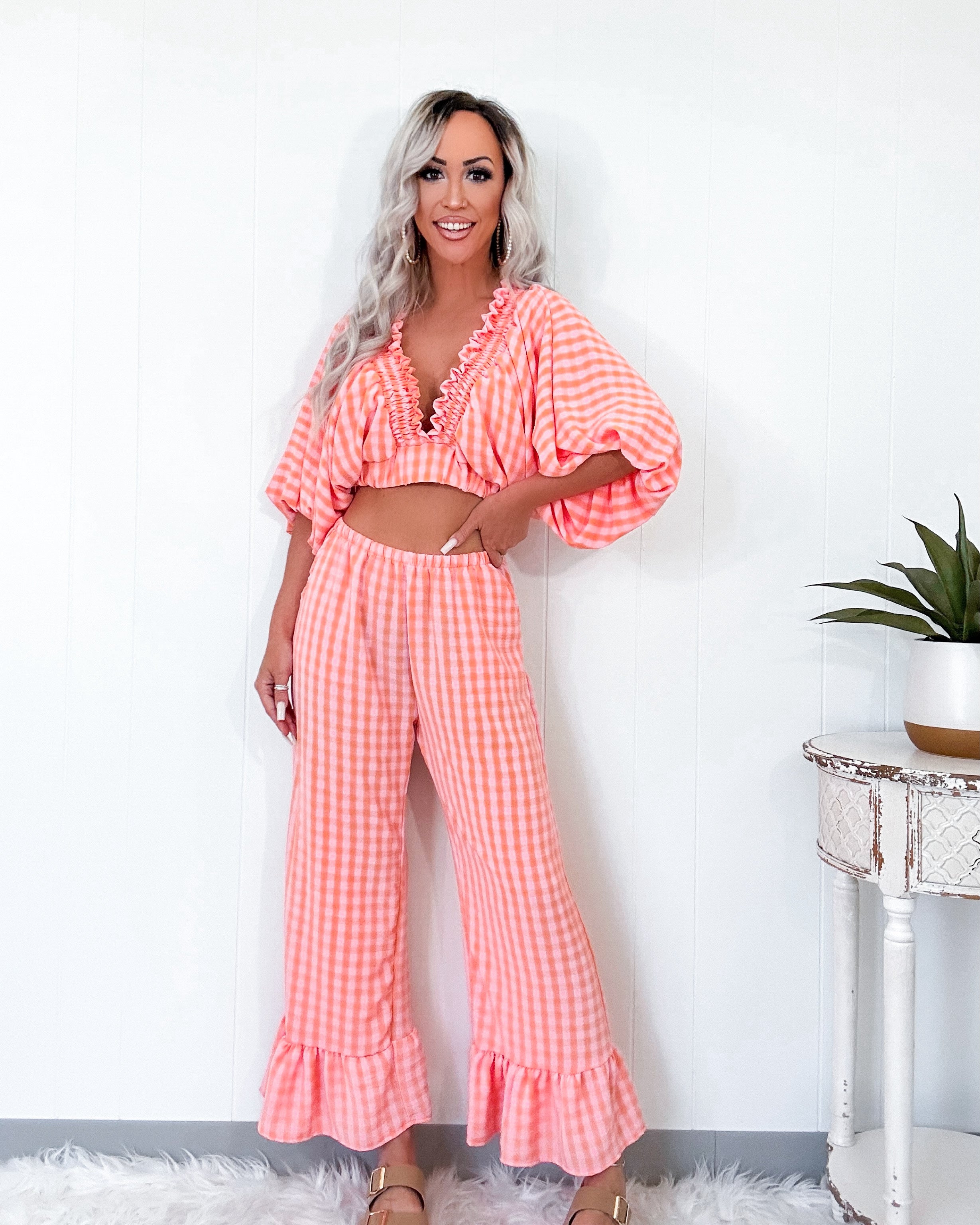 Summertime Checkered Ruffle Pant Set - Pink/Orange