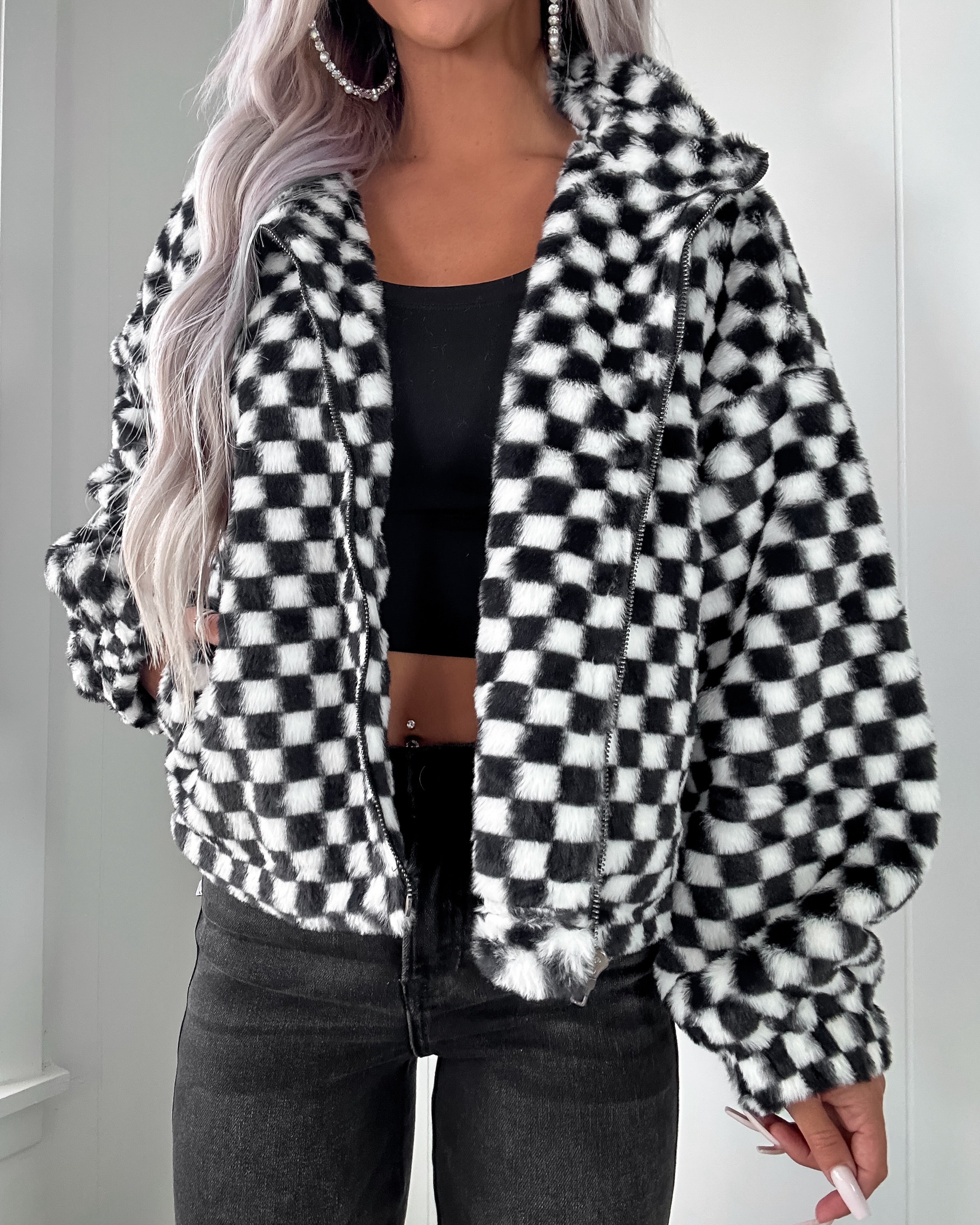 Carly Fur Checkered Jacket - Black