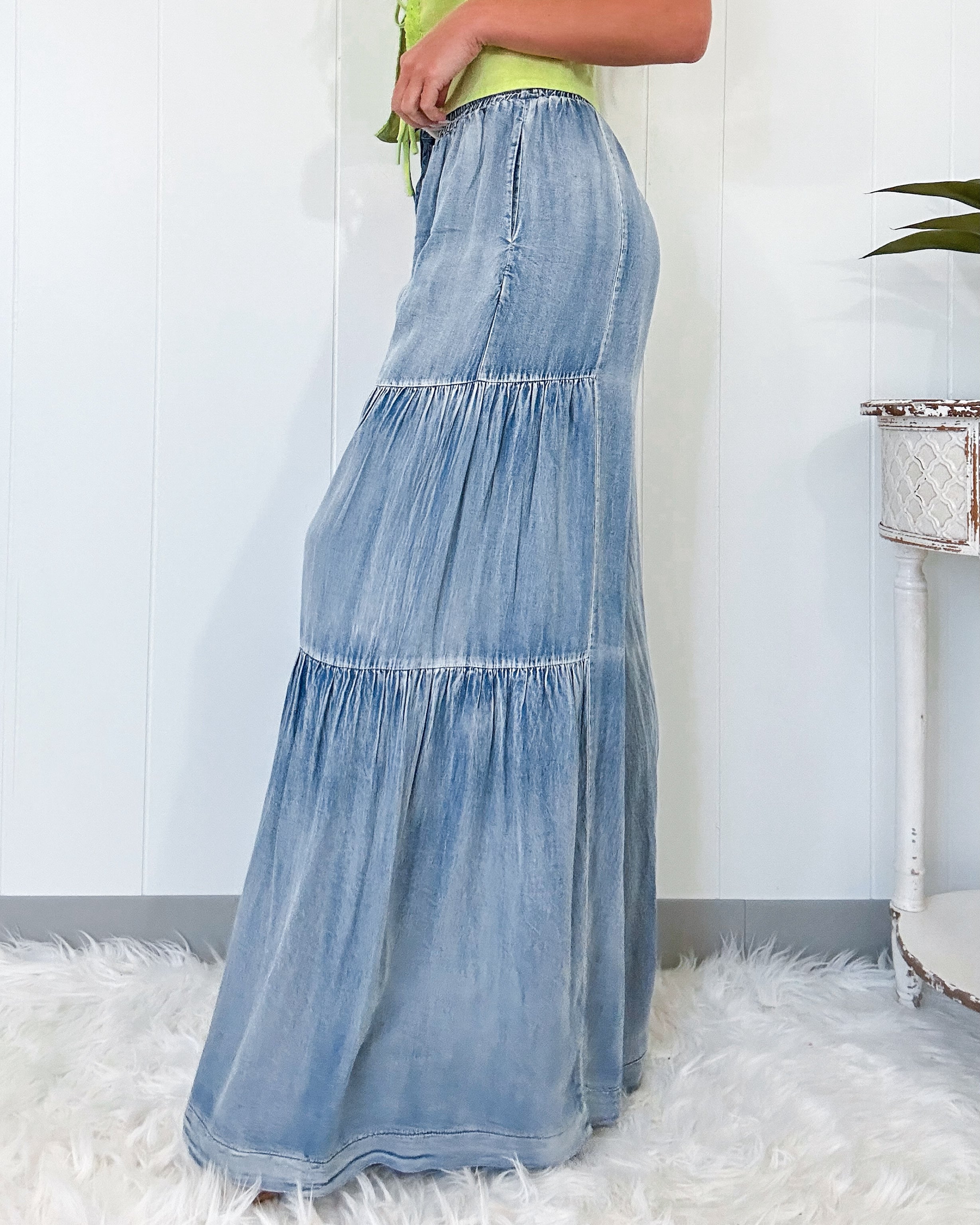 Fluttery Denim Tiered Wide Leg Pants - Washed Denim