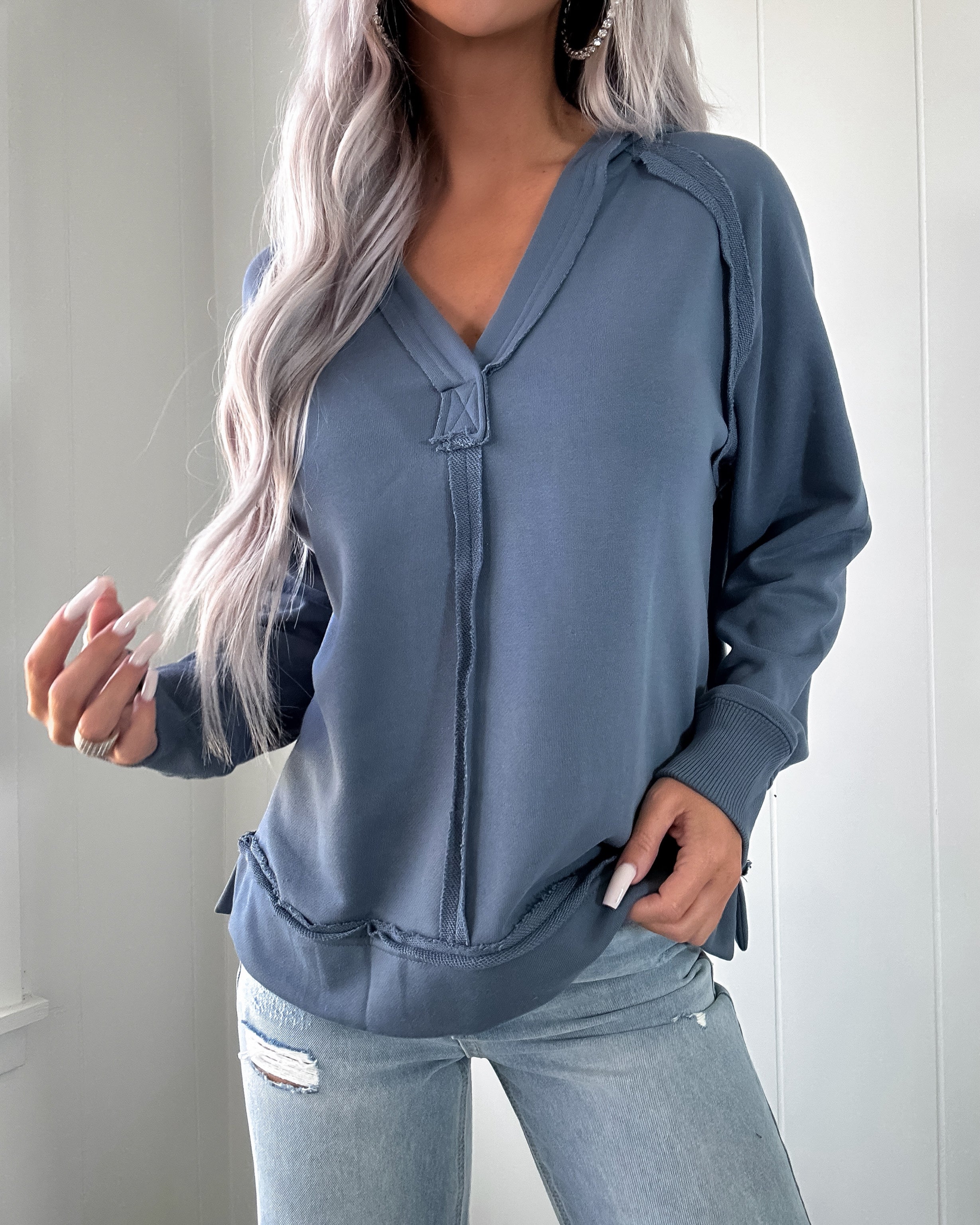 Raw Charm Long Sleeve Knit Top - Dusty Blue