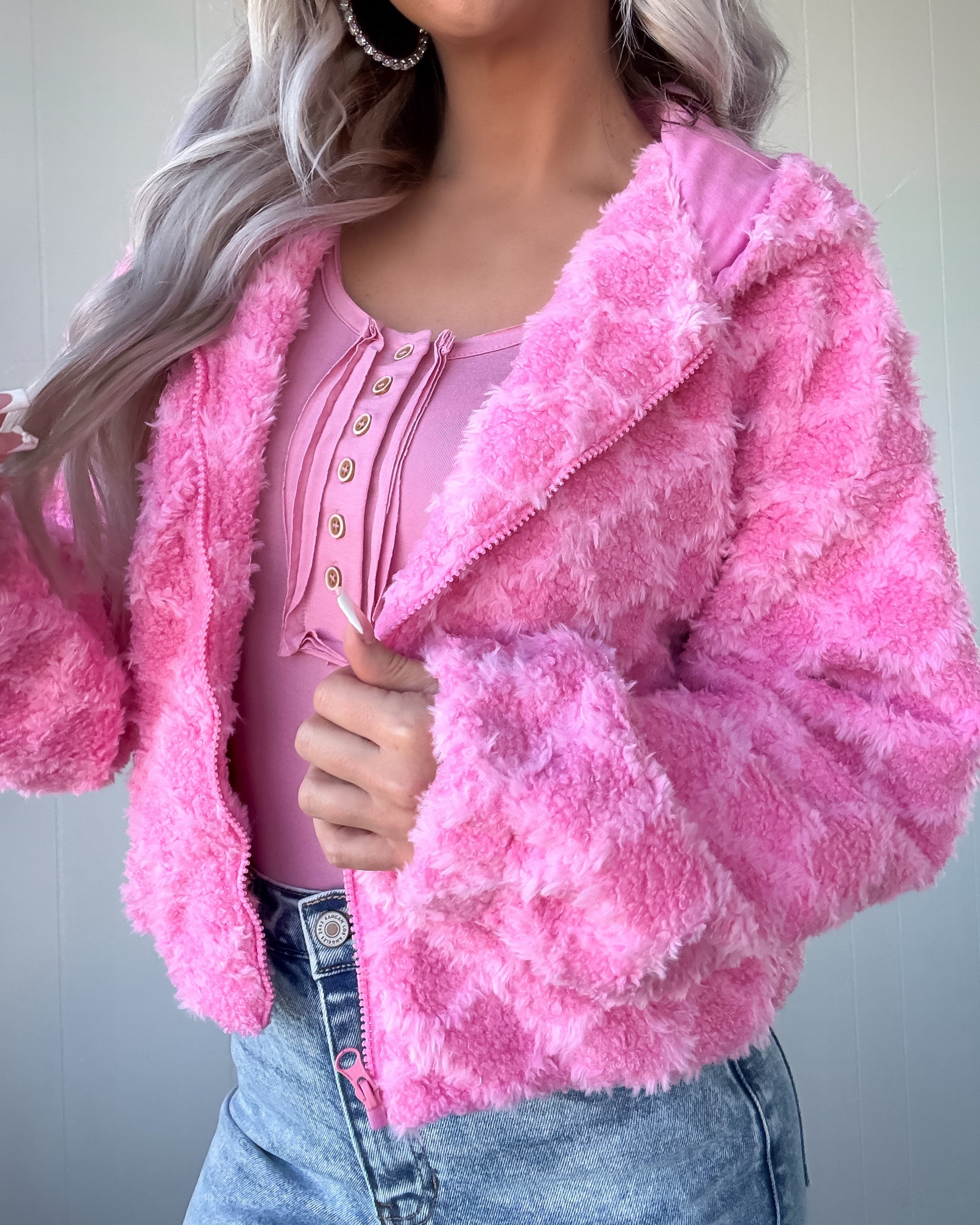 Spring Awakened Fuzzy Hooded Jacket - Pink