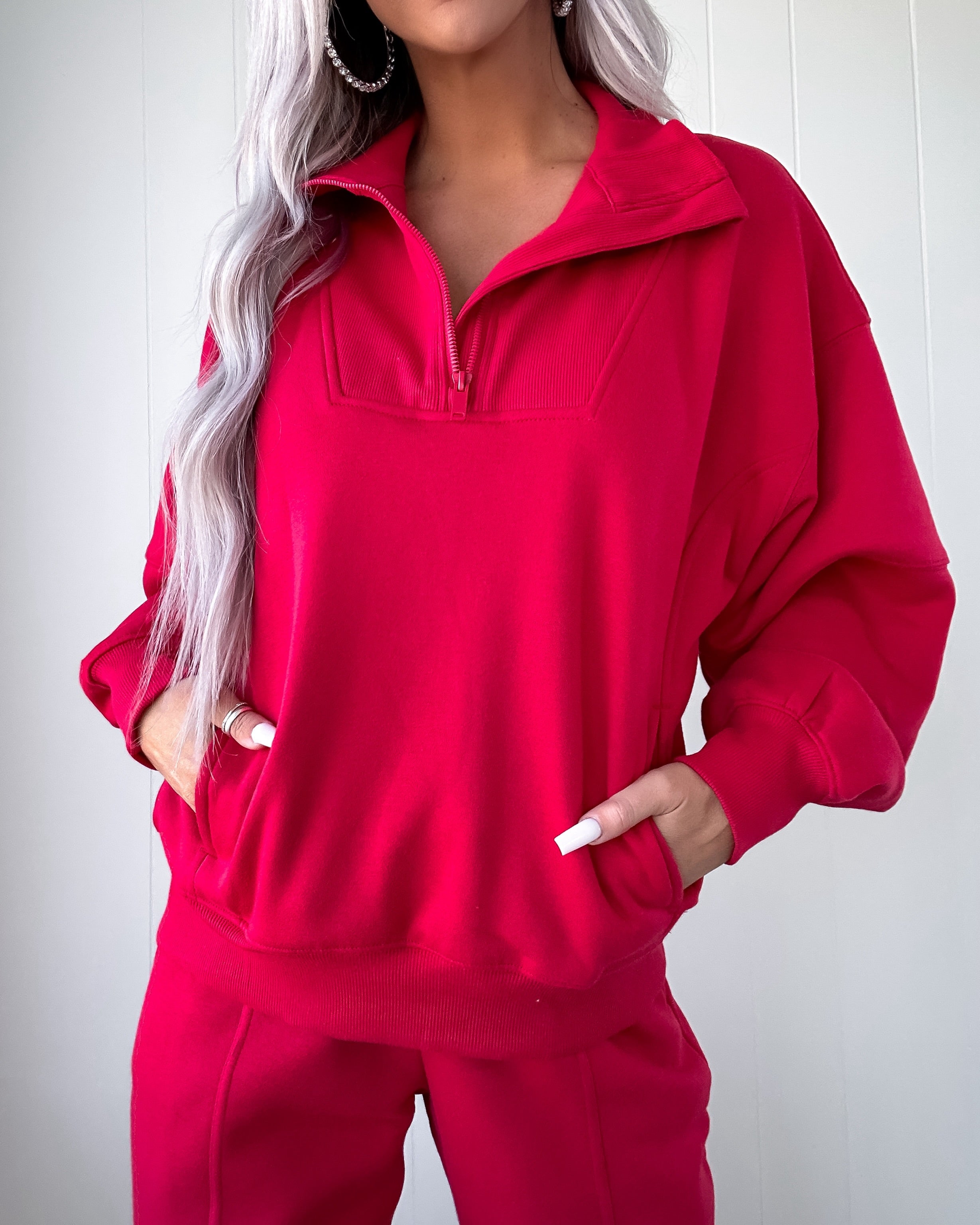 Casual Love Fleece Quarter Zip Pullover - Red