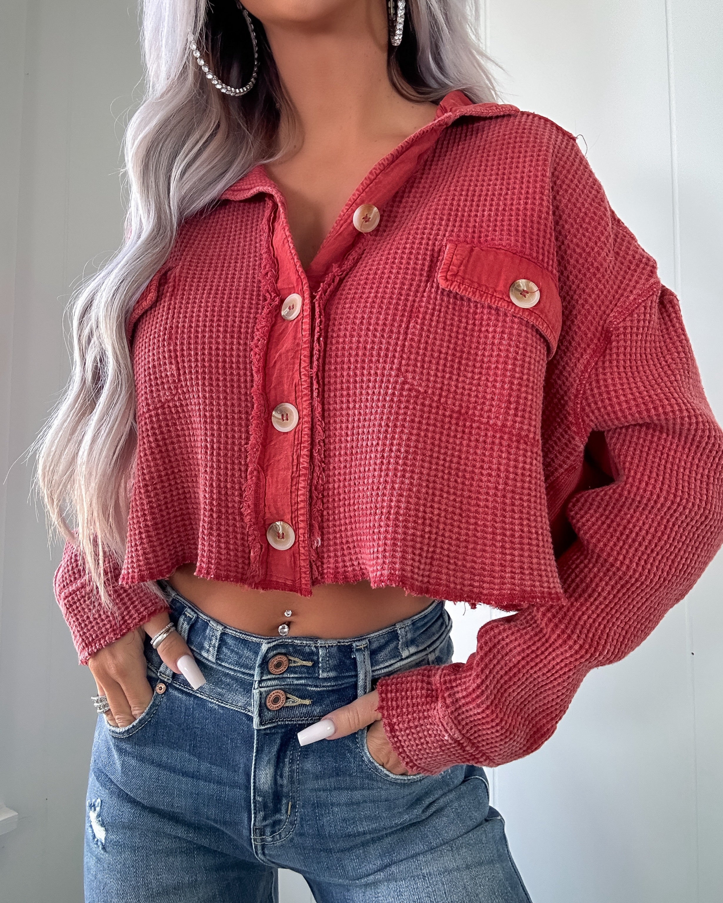 Catching Fall Button Down Waffle Crop Top - Red