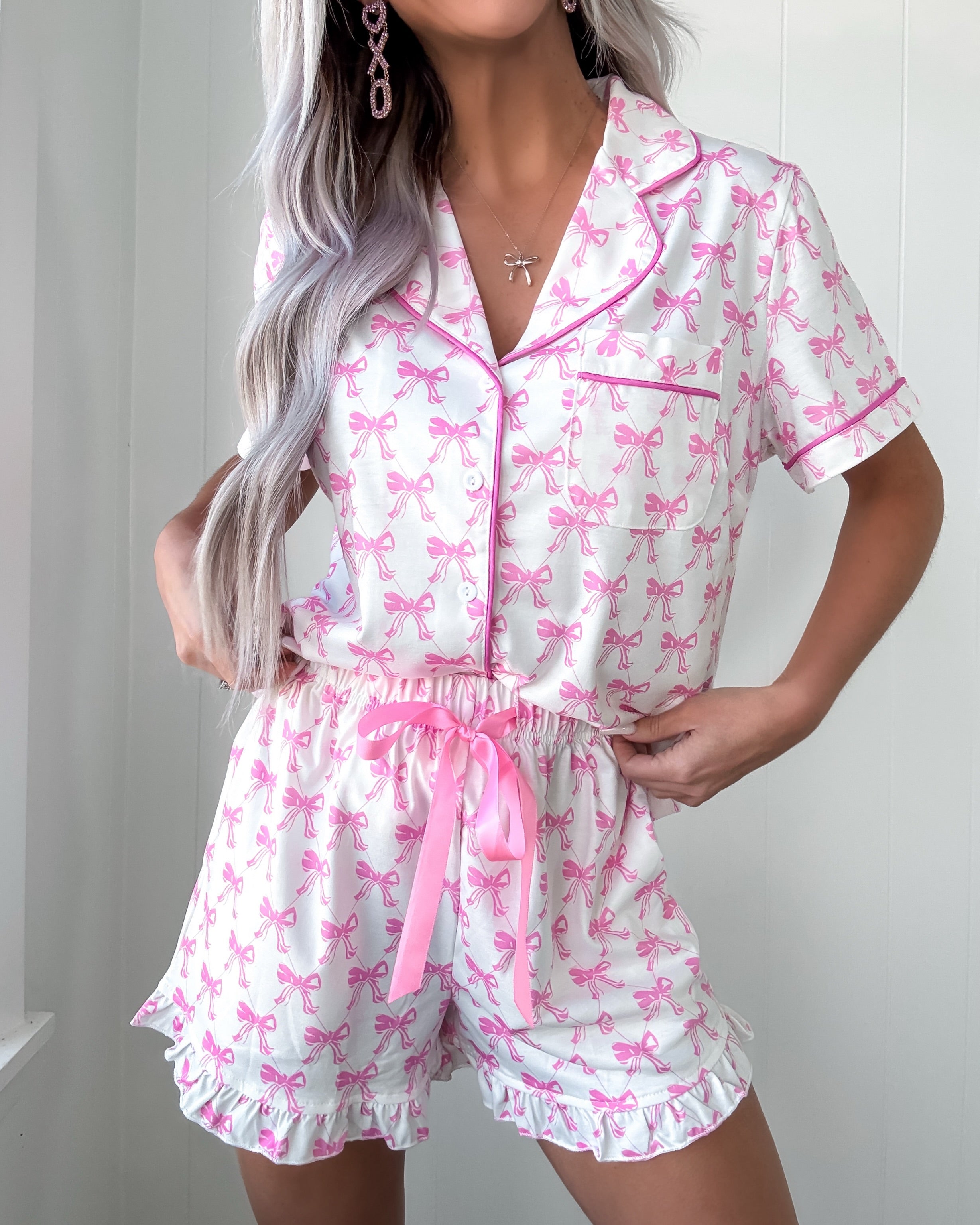 Be Mine Bowknot Ruffled Pajama Set - Pink