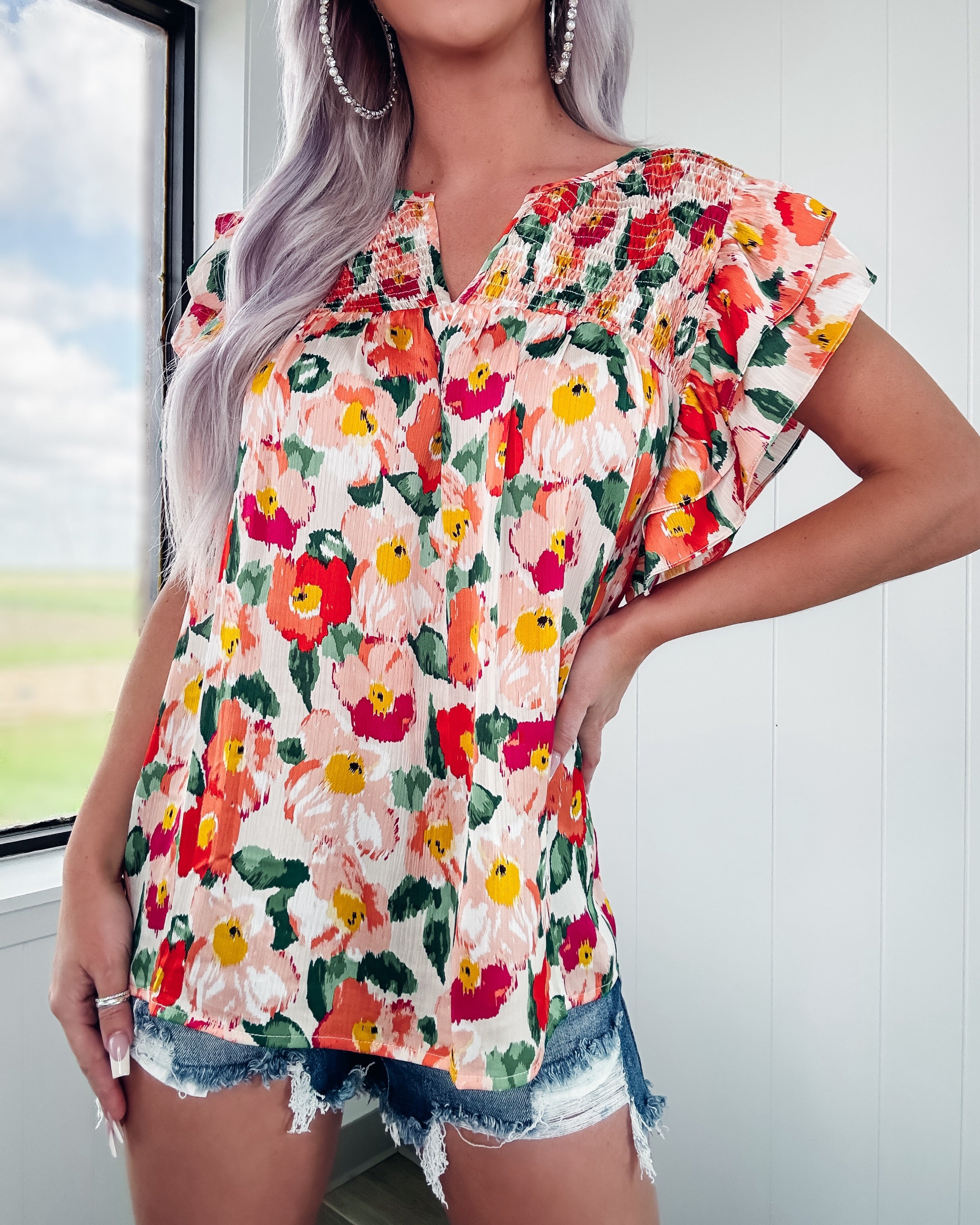 Floral Cascade Smocked Ruffle Top - Orange/Jade