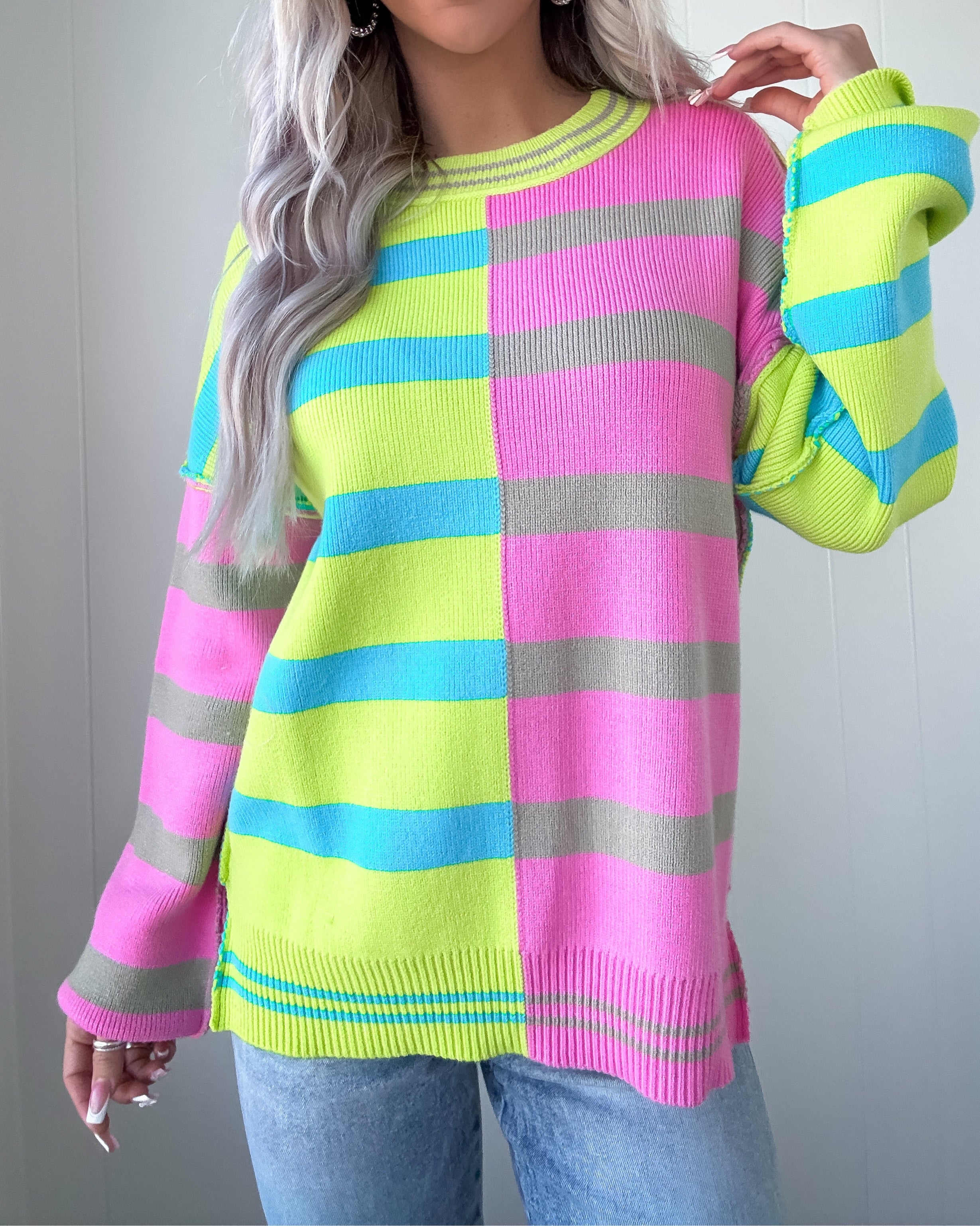 Gilded Horizon Colorblock Striped Sweater - Lime