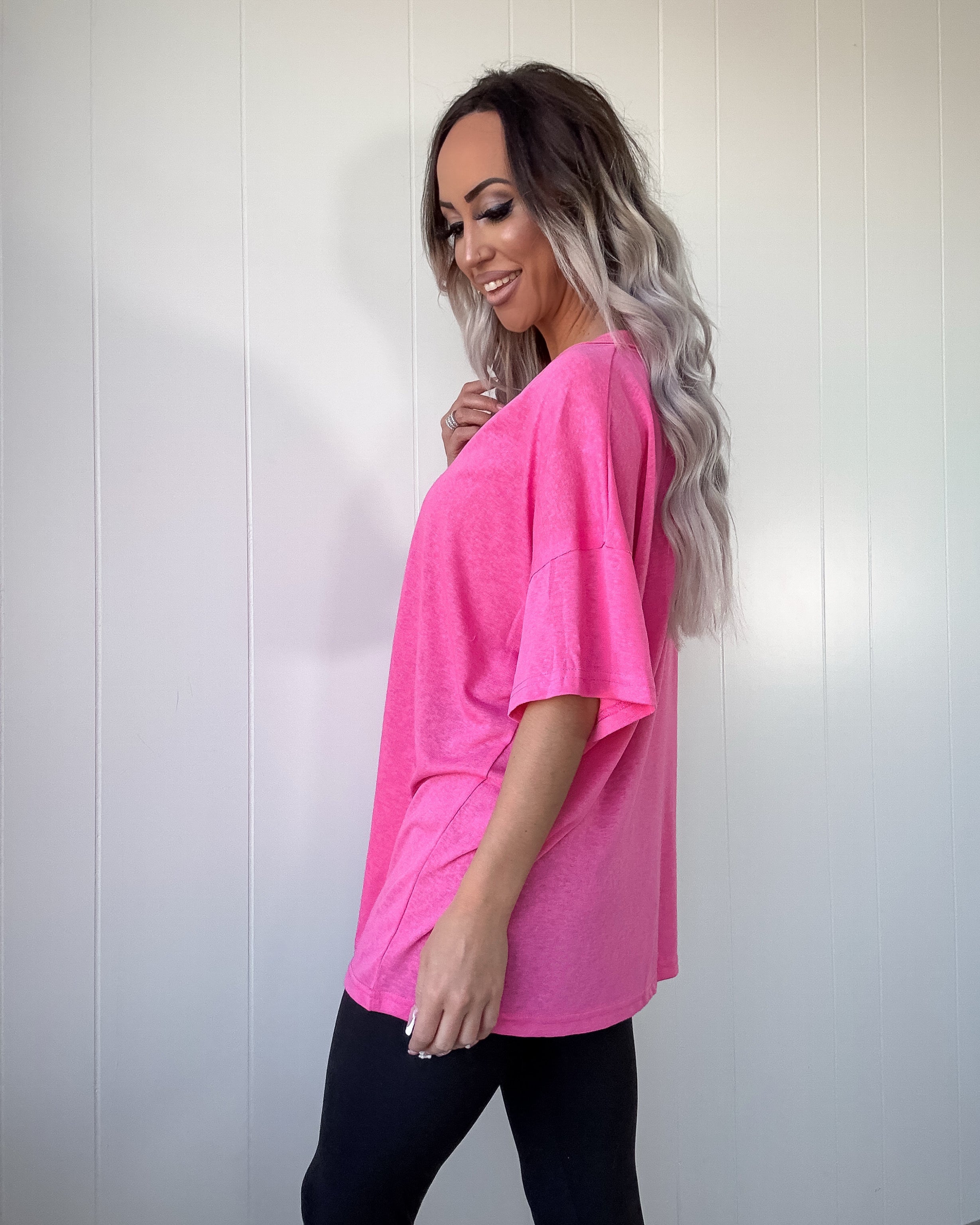 Ethereal Edge V-Neck Tee - Barbie Pink