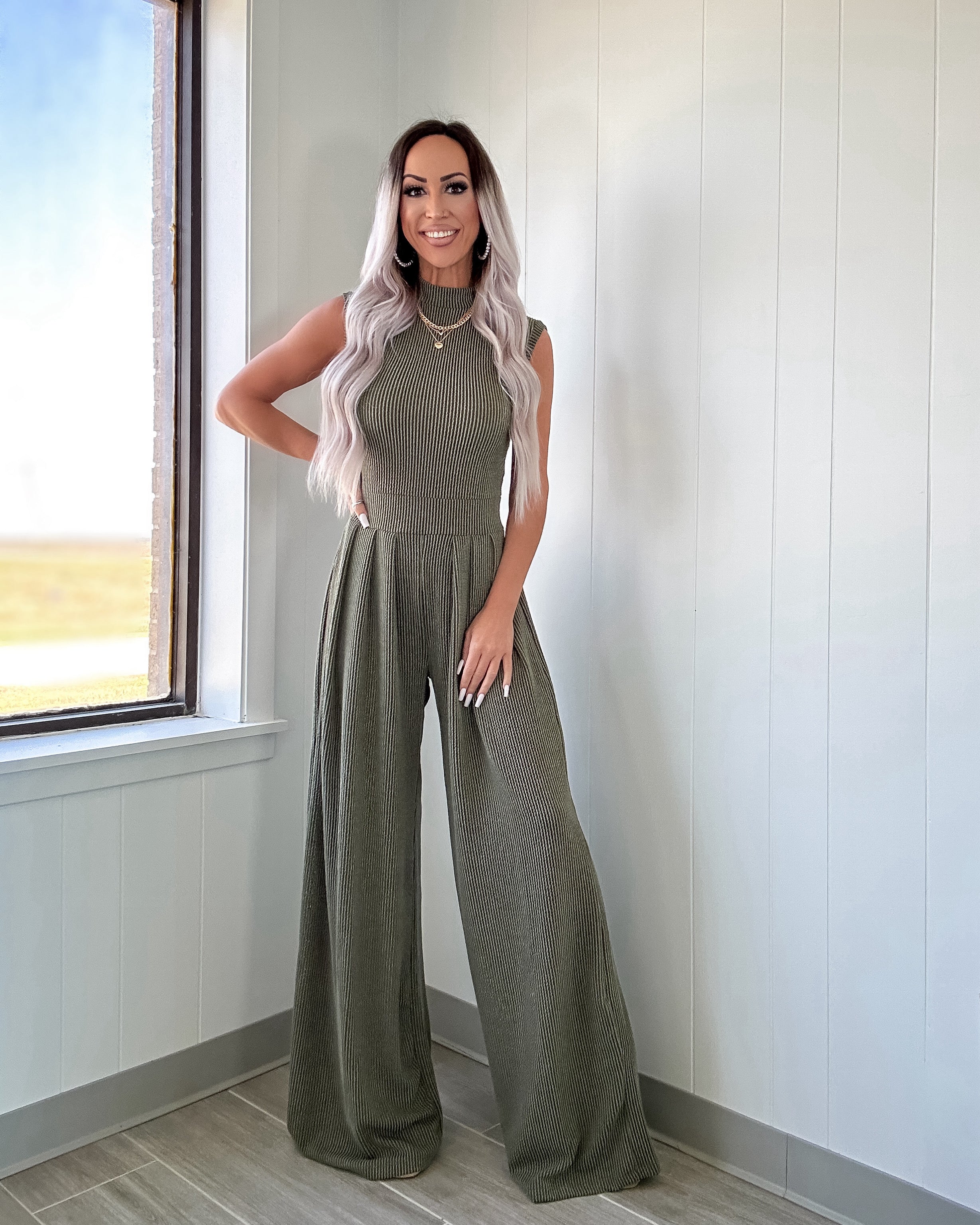 Love Awaits Ribbed Wide Leg Jumpsuit - Olive