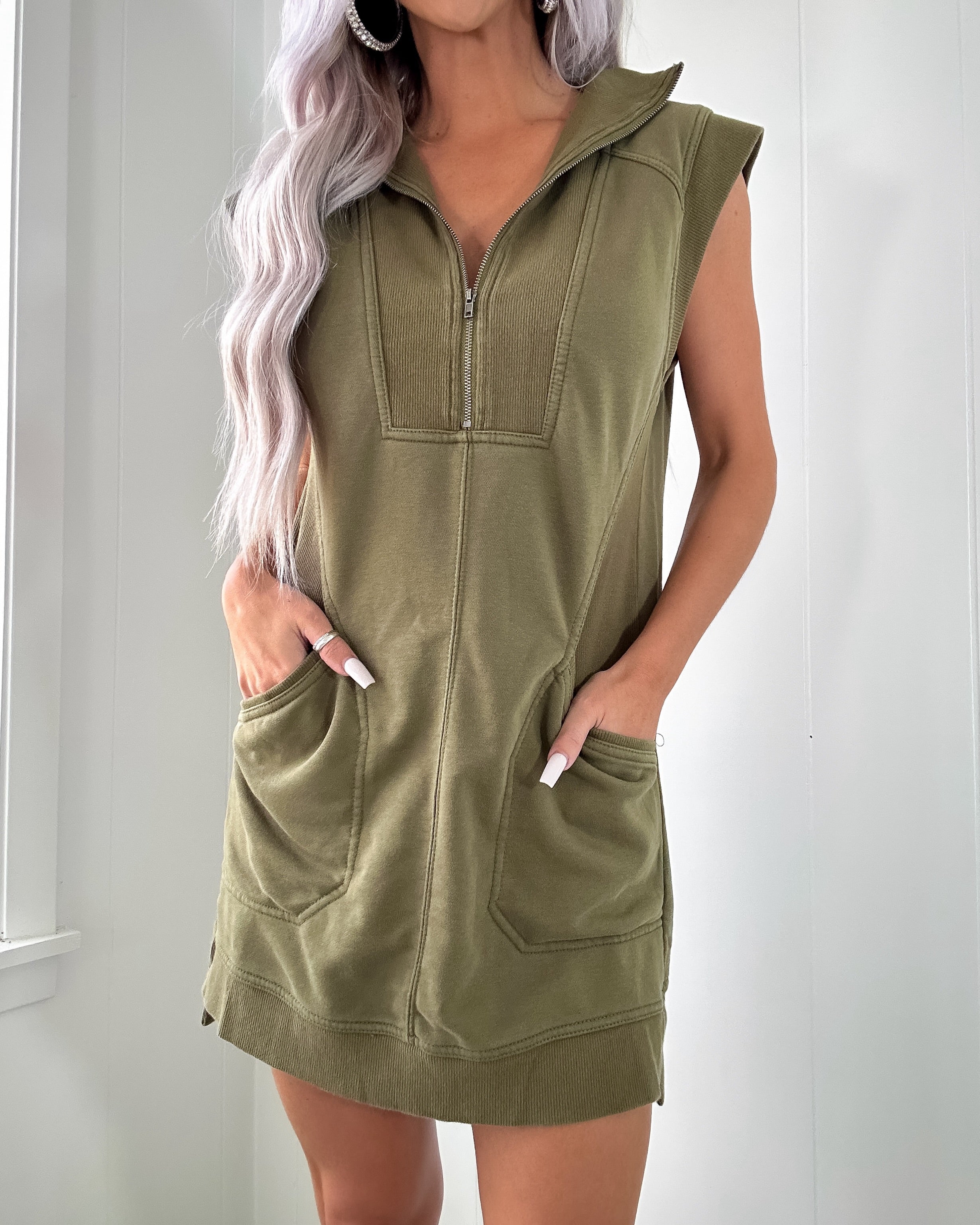 Sporty Luxe Half Zip Dress - Olive