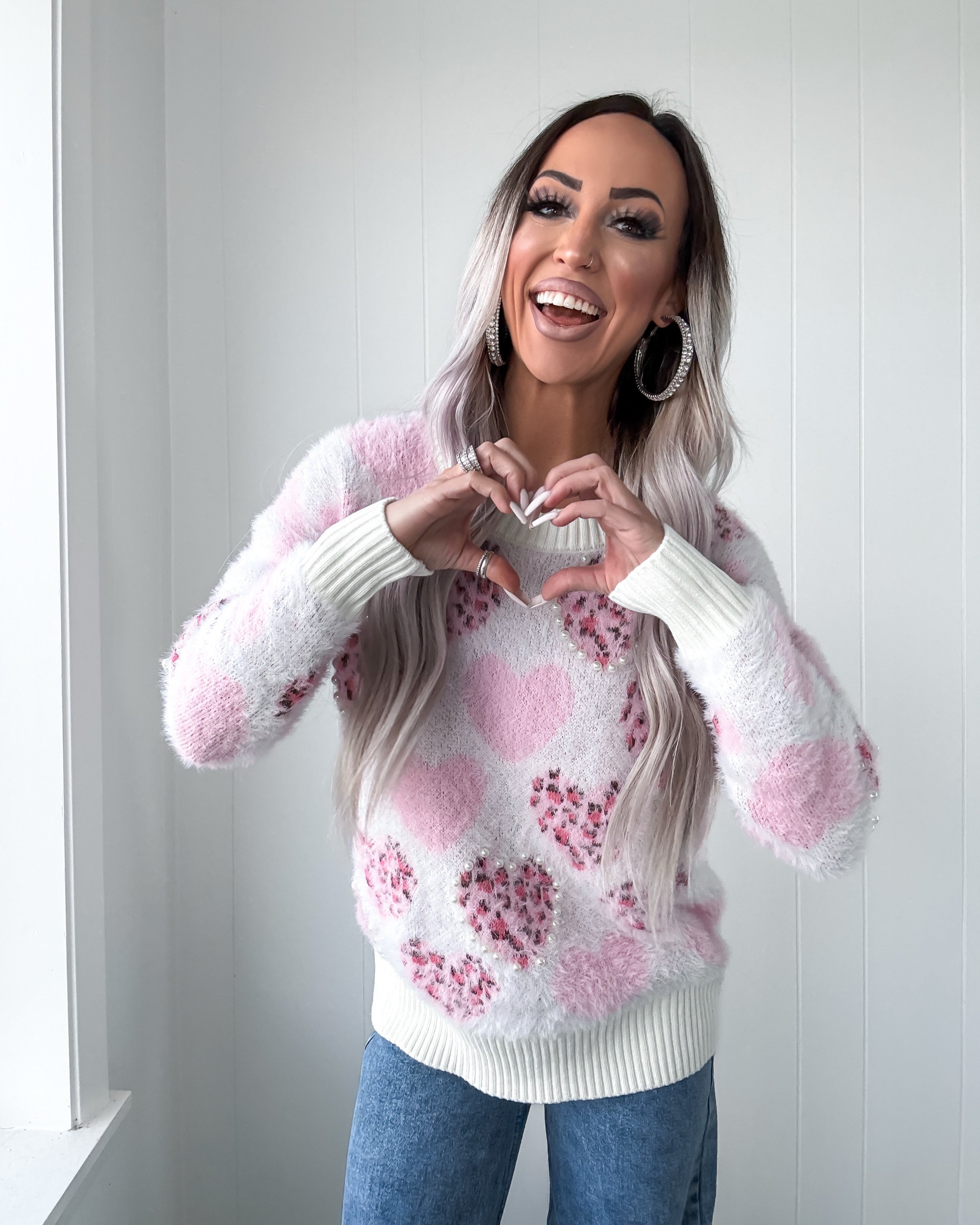 Heartstrings Leopard Pearl Fuzzy Sweater - Pink