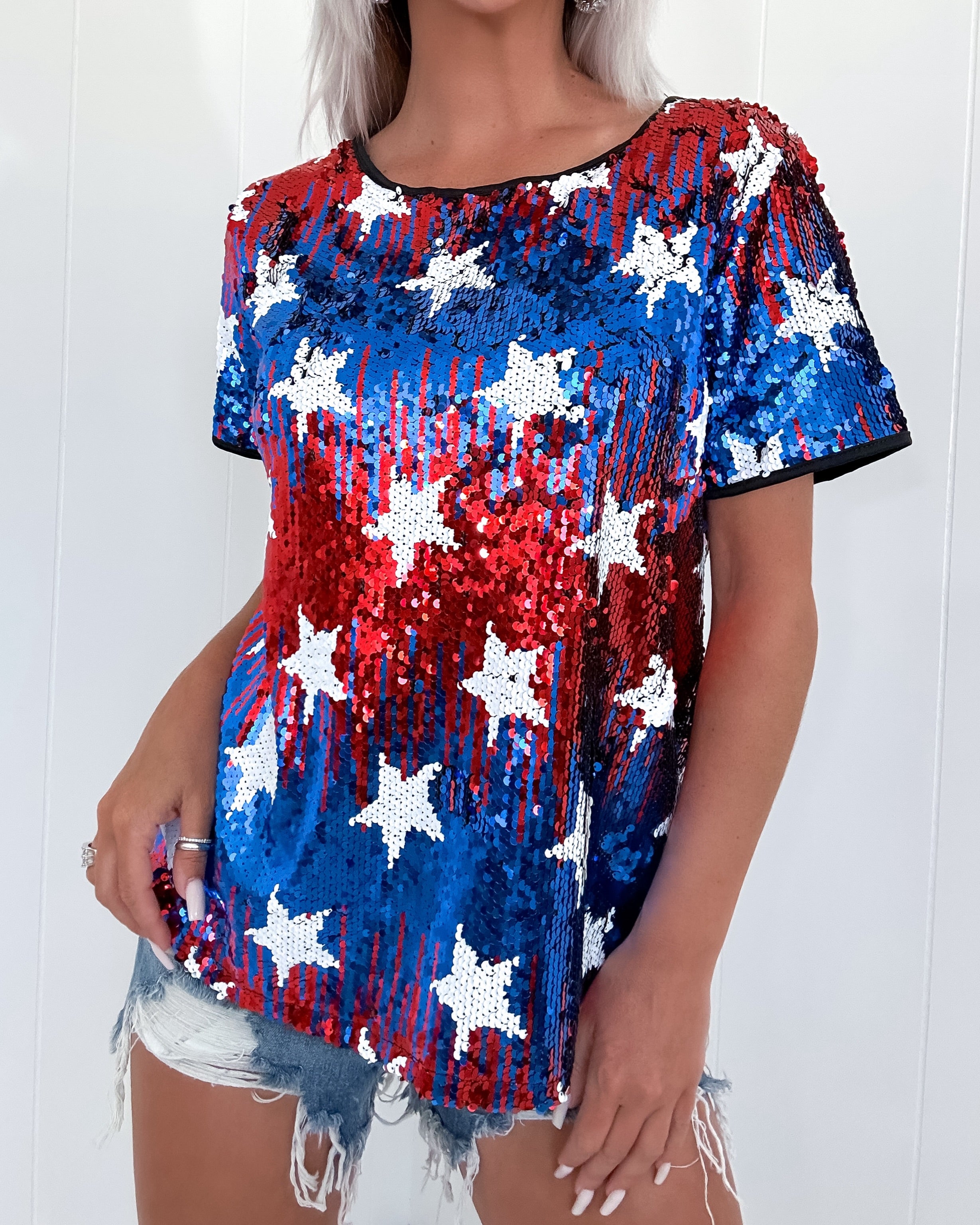 Patriot Star Sequin Top - Red/Navy