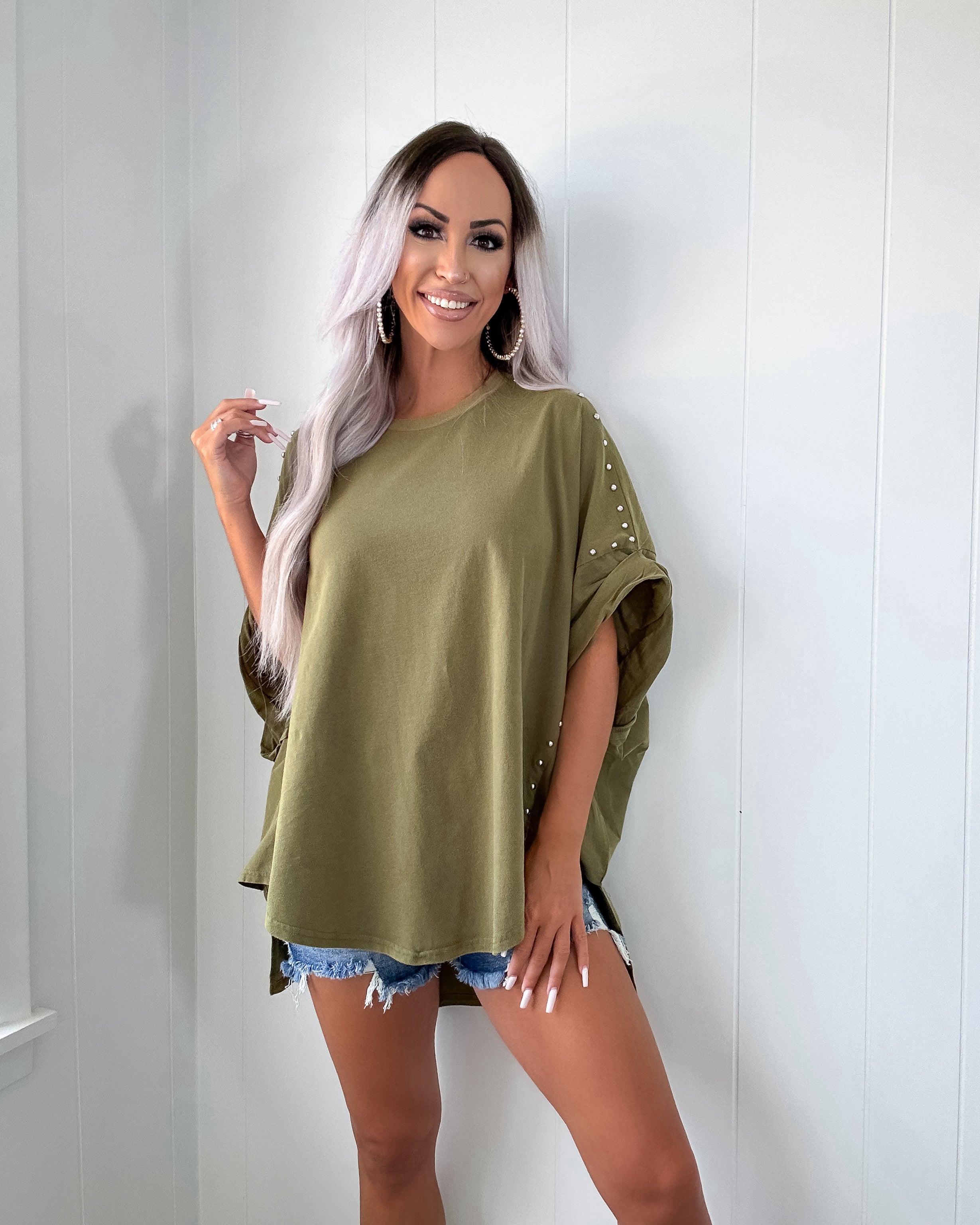 Loved One Studded Oversize Top - Olive