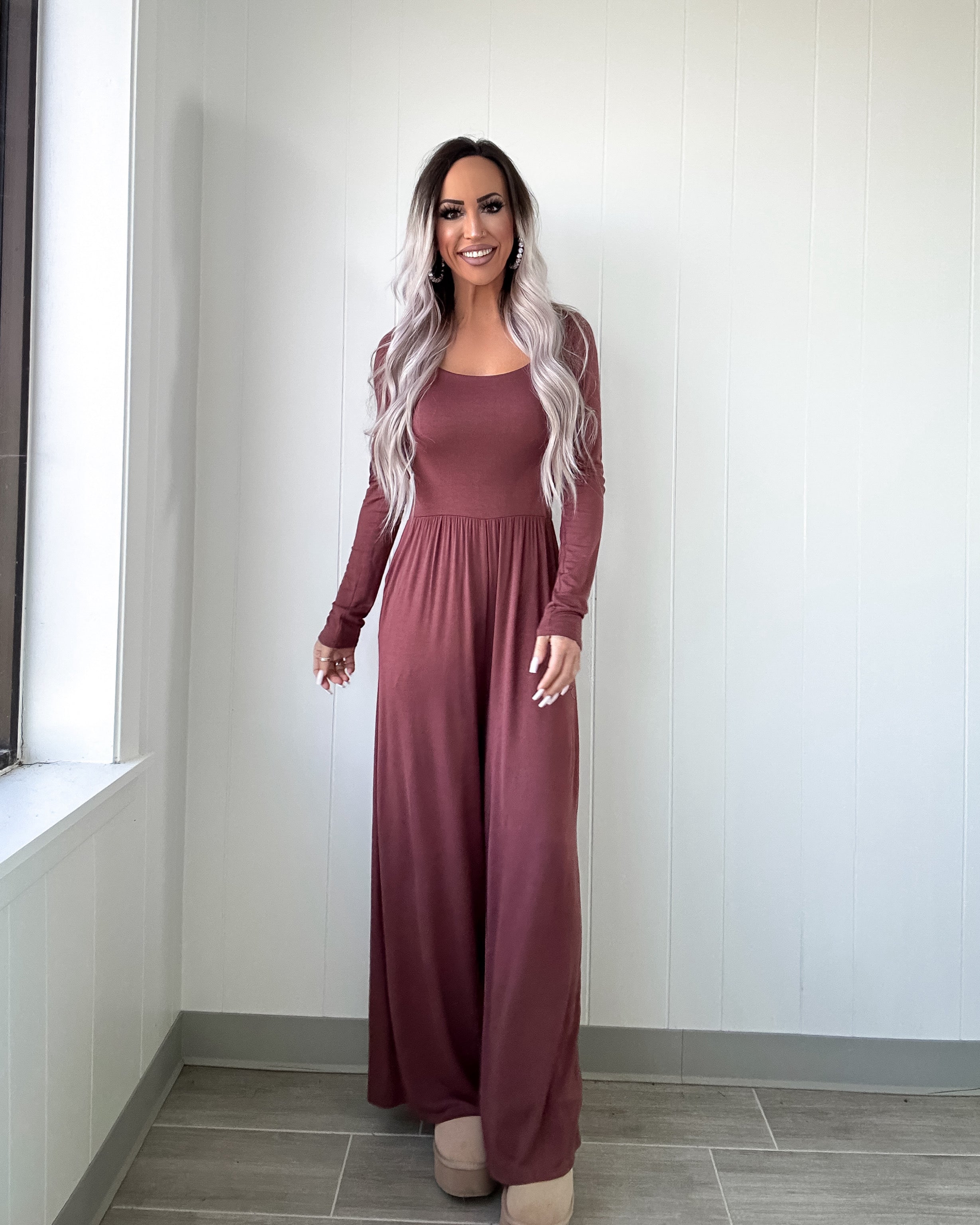 Take Control Wide Leg Jumpsuit - Red Brown