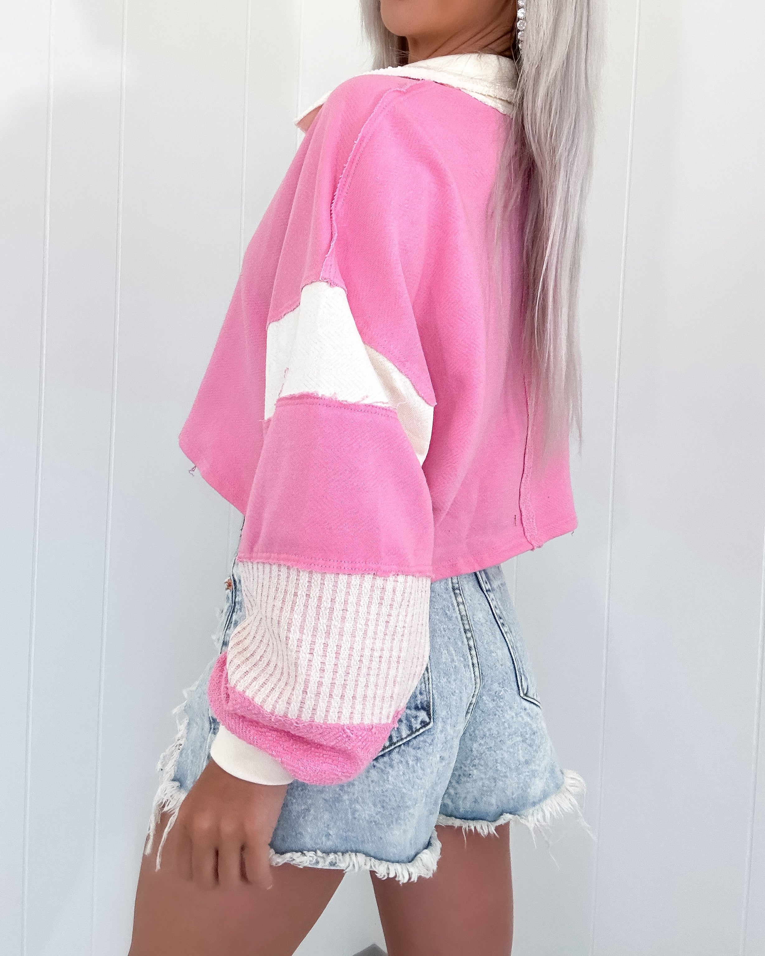Busy Schedule French Terry Colorblock Pullover - Pink/Cream