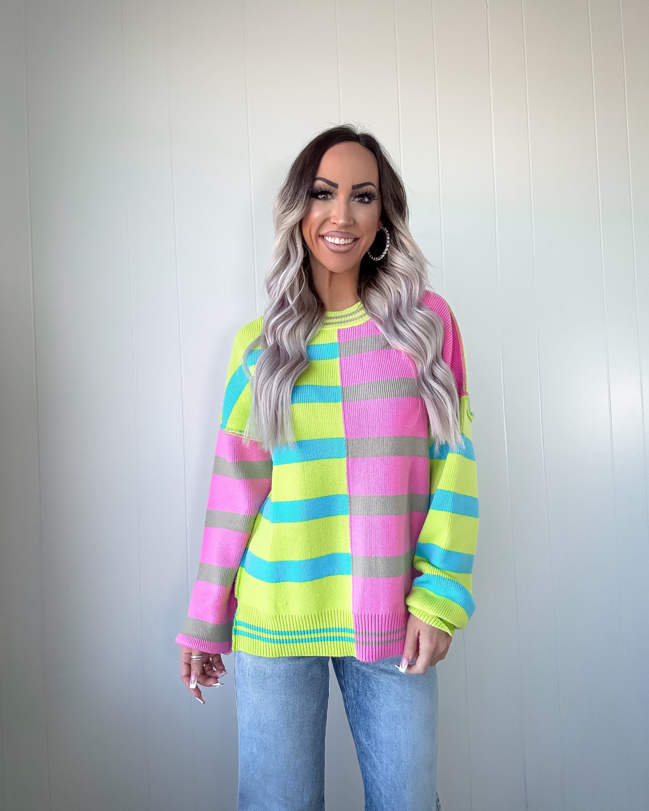 Gilded Horizon Colorblock Striped Sweater - Lime