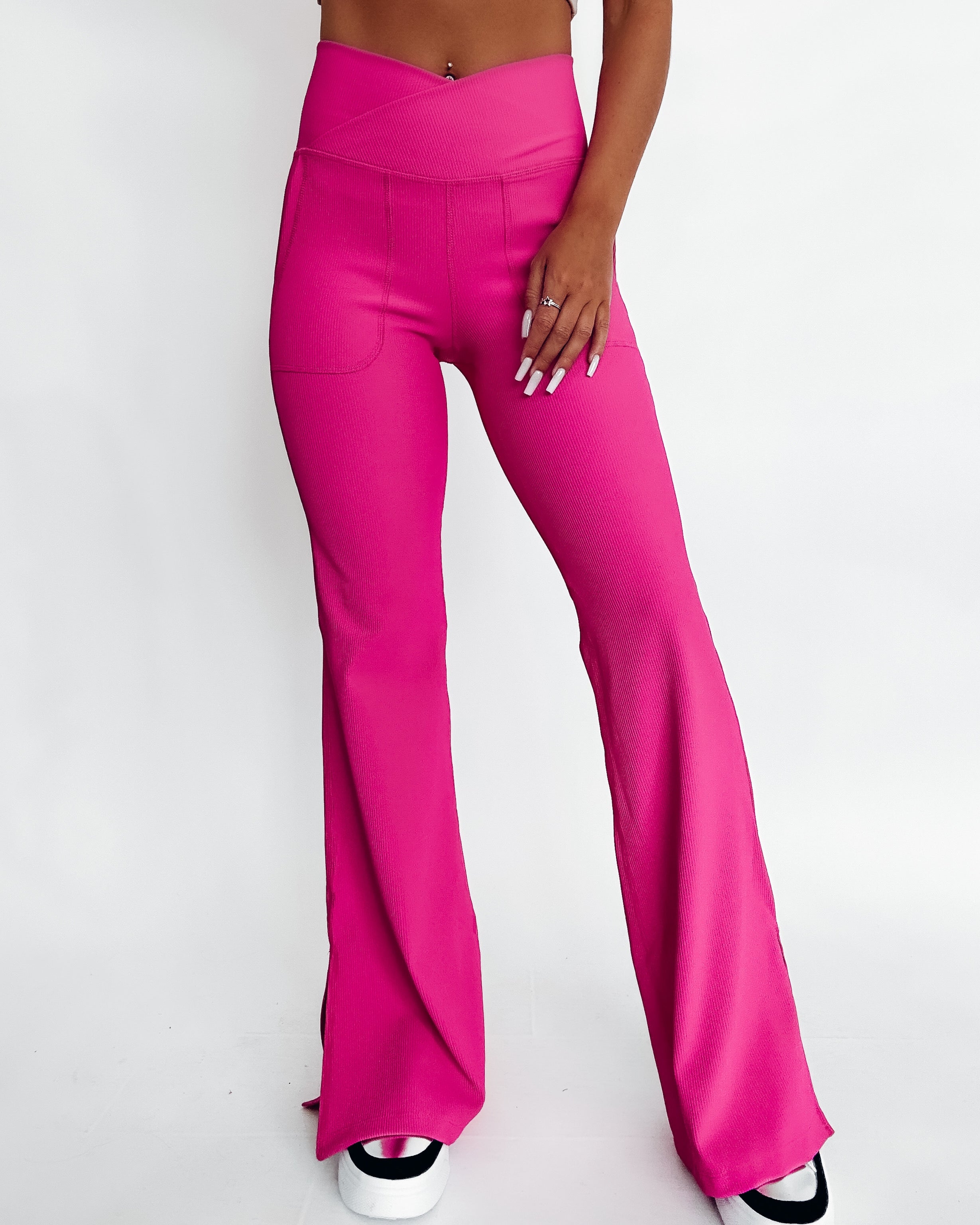Buy Pink Stretch Cotton Ribbed Flare Legging Online in Doha & Al