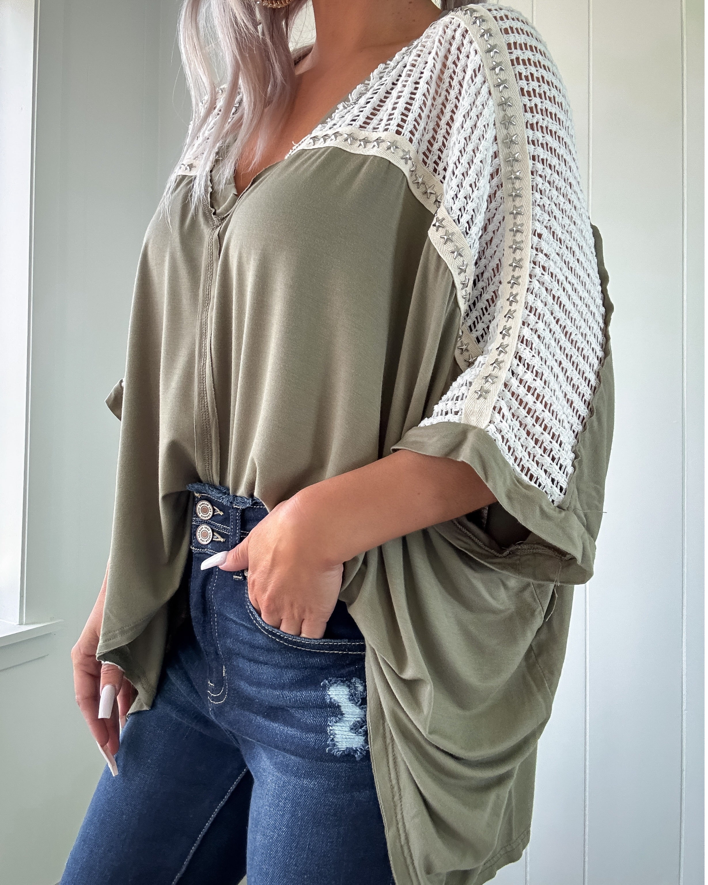 Dream Weaver Oversized Crochet Top - Olive