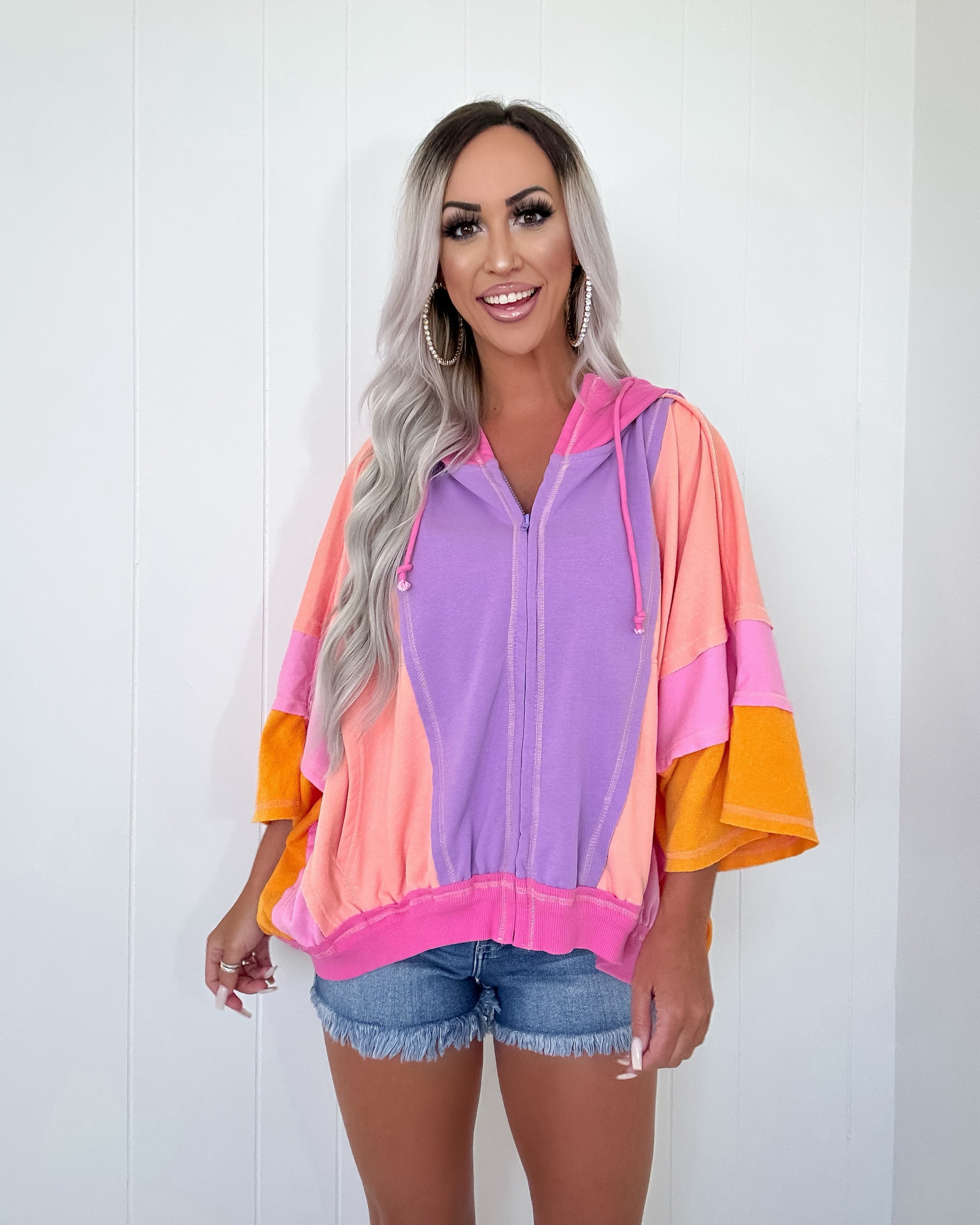 Good Life Colorblock Short Sleeve Hoodie Lavender Peach